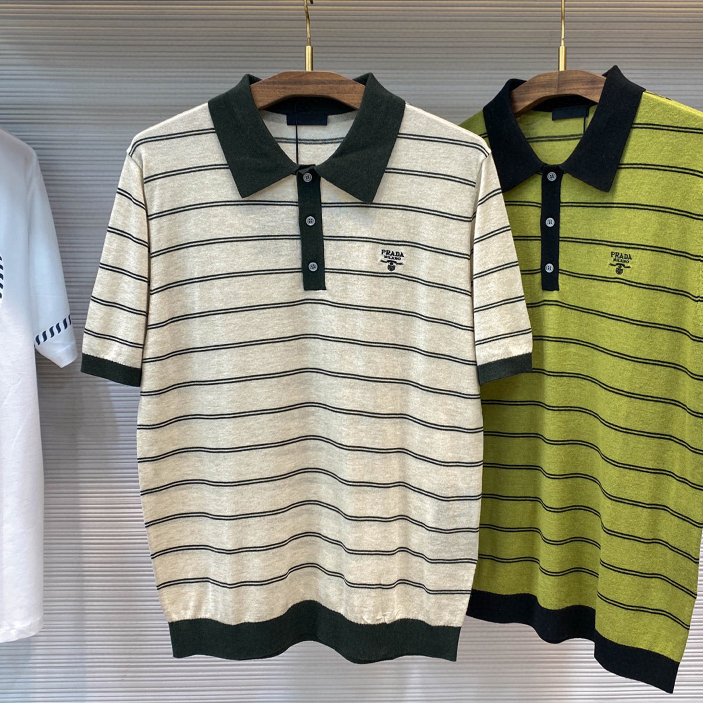 NIGO Prada Men's Summer Striped Logo Solid Color Knit Pullover Short Sleeve Polo Shirt #nigo81199