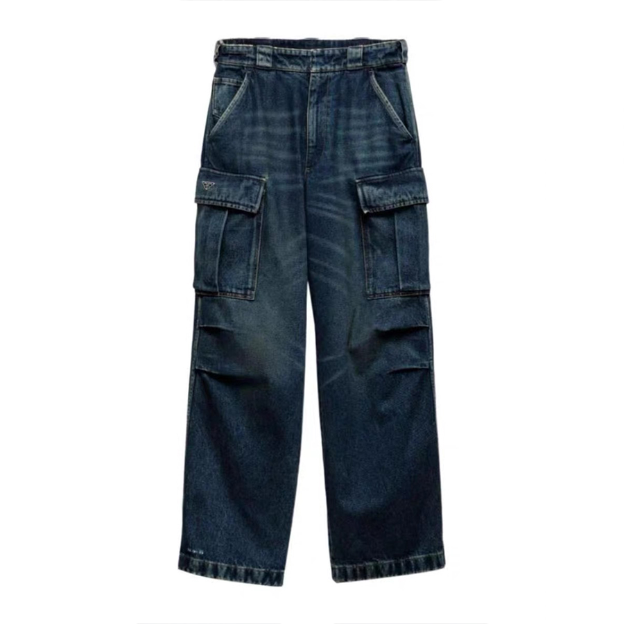 NIGO Prada Men's Four Seasons Logo Old Multi-Pocket Mid-Rise Loose Work Pants Cotton Denim Trousers Pants #nigo81198