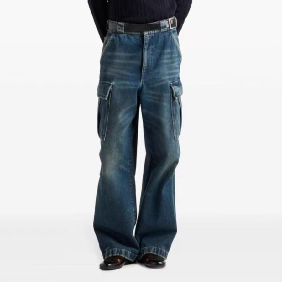 NIGO Prada Men's Four Seasons Logo Old Multi-Pocket Mid-Rise Loose Work Pants Cotton Denim Trousers Pants #nigo81198