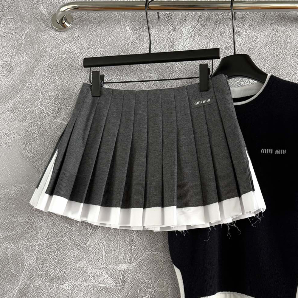 NIGO MiuMiu Women's Summer Colour Block Wool Knit Pleated Short Skirt #nigo76885