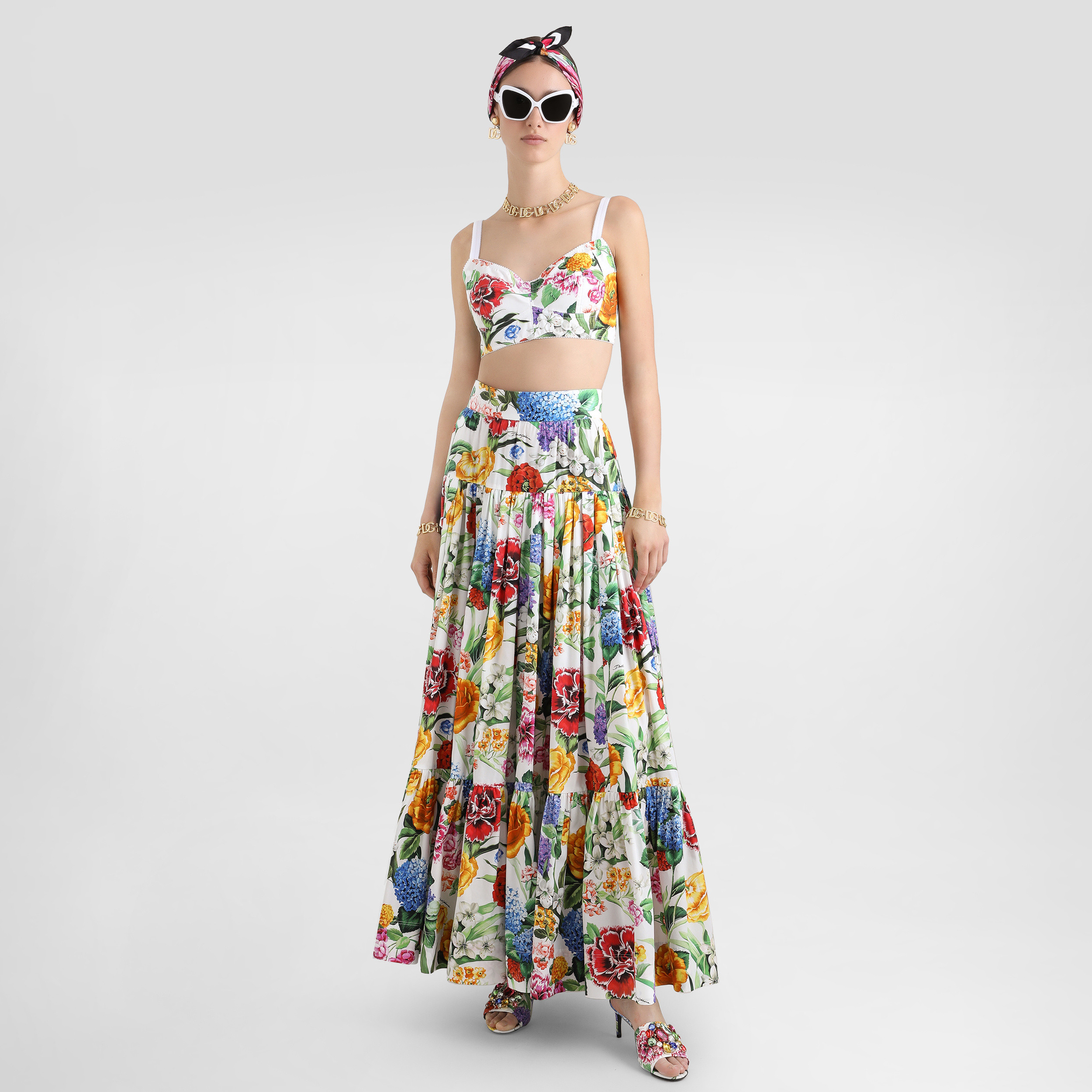 NIGO Dolce&Gabbana Women's Summer Colourful Floral Pattern Printed Zip Camisole Top Pleated Casual Half-body Skirt Set Suit #nigo76895