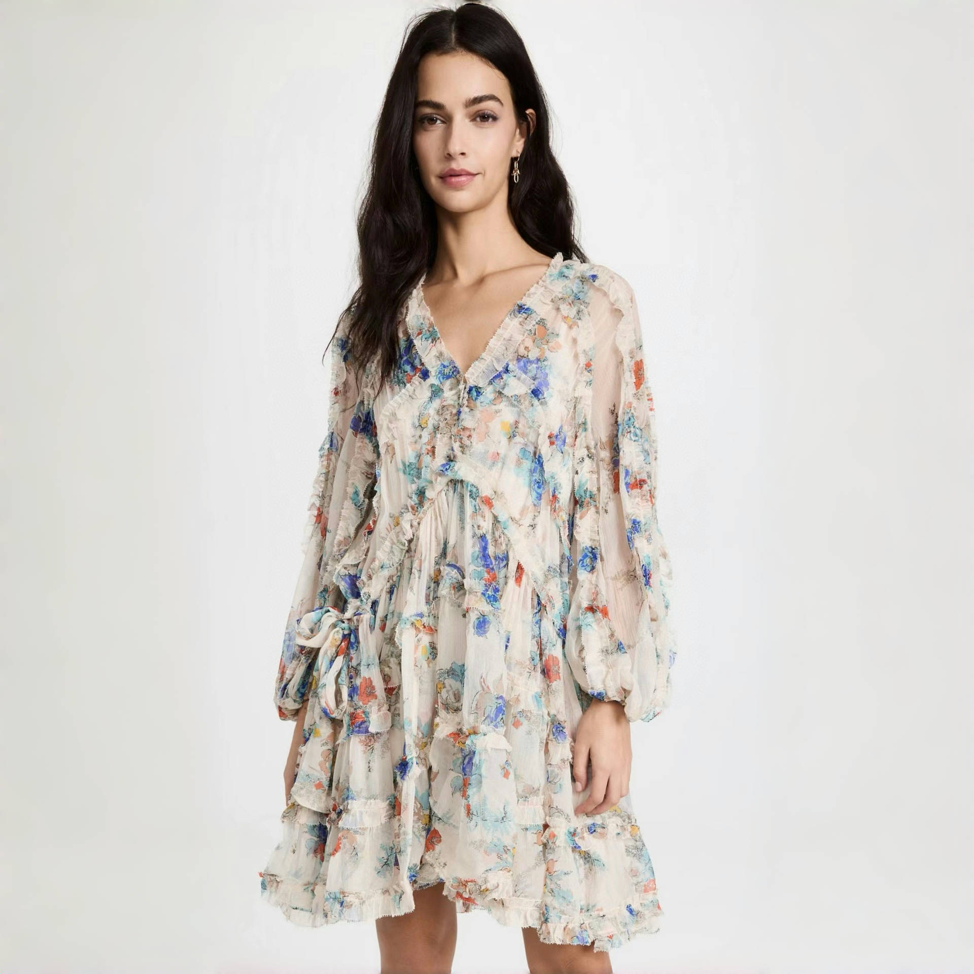 NIGO Zimmermann Women's Summer Floral Printed V-Neck Long Sleeve Dress With Camisole Top #nigo76913