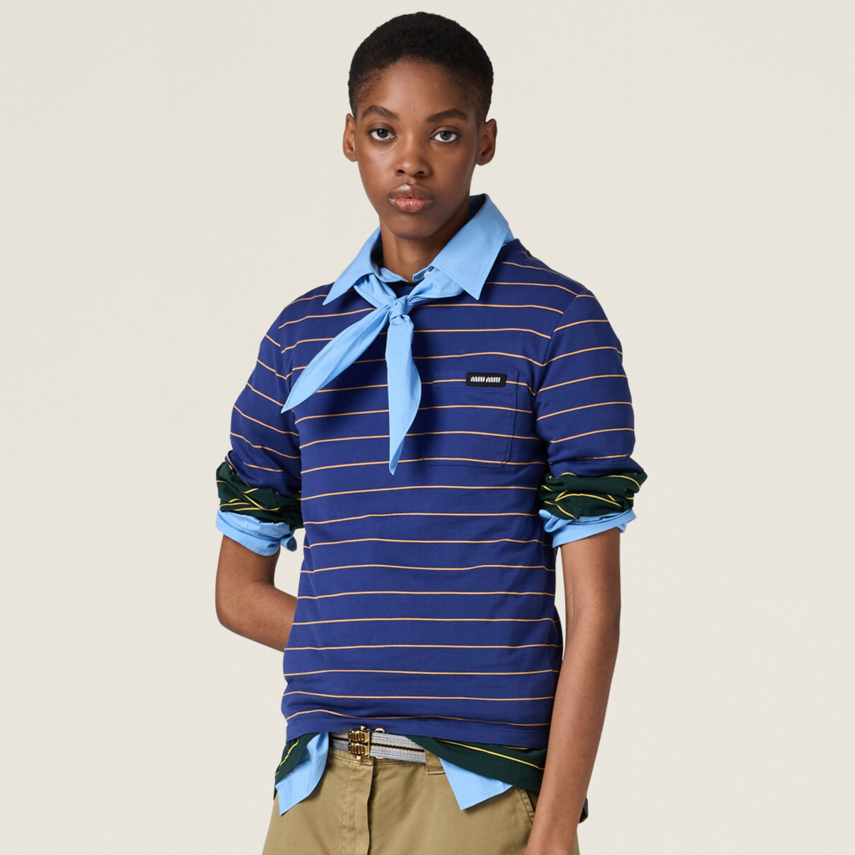 NIGO MiuMiu Women's Color Blocking Striped Logo Summer Round Neck Solid Color Knit Short Sleeve Jersey T-shirt #nigo76921