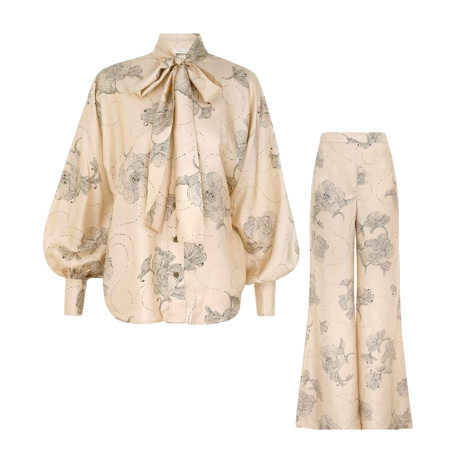 NIGO Zimmermann Women's Summer Sketch Floral Print Bow Tie Collar Solid Colour Single Breasted Silk Shirt Slim Pants Suit Set #nigo76951