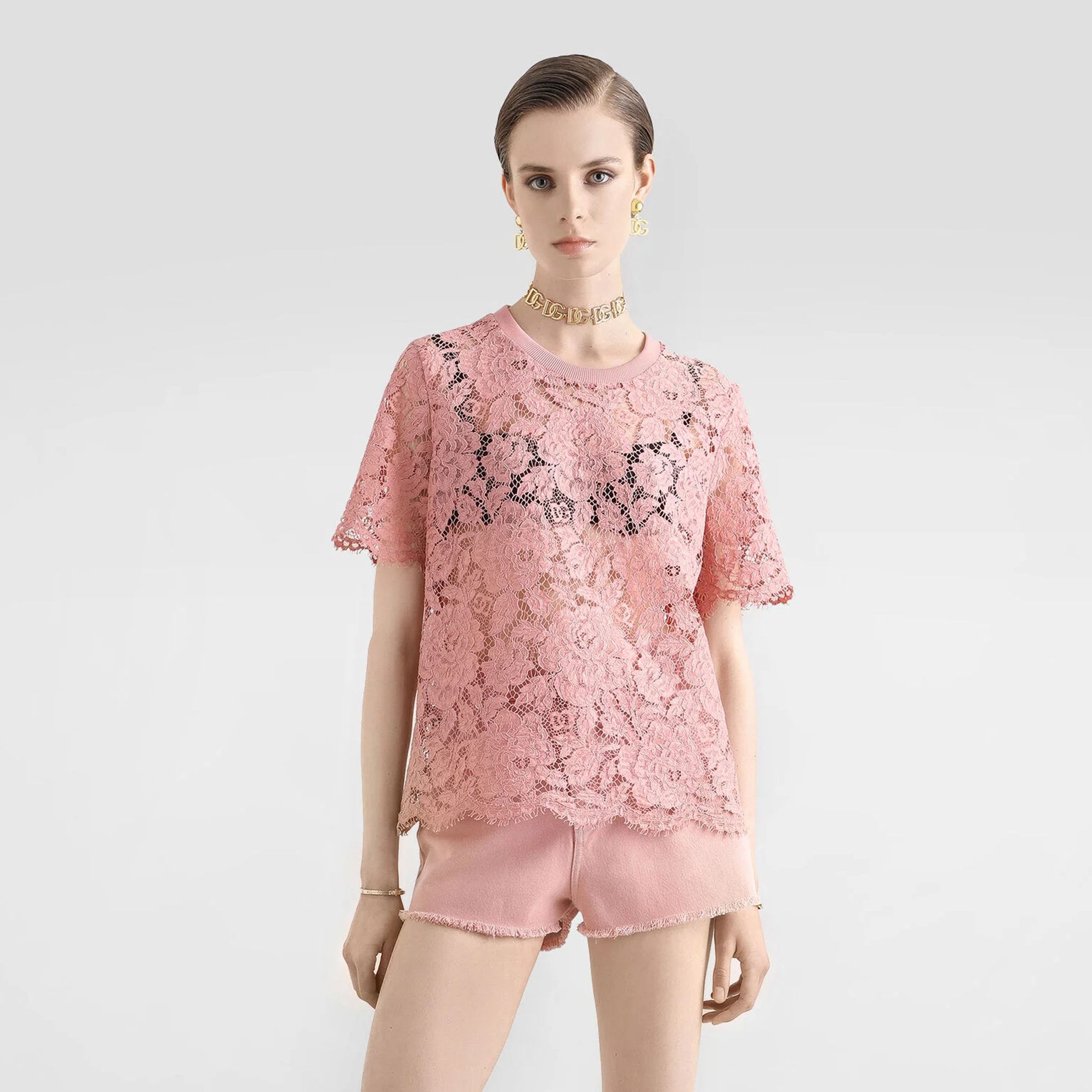 NIGO Dolce&Gabbana Women's Summer Floral Hollow Out Solid Color Short Sleeve Cordonetto Lace Top T-Shirt Ngvp #nigo1663