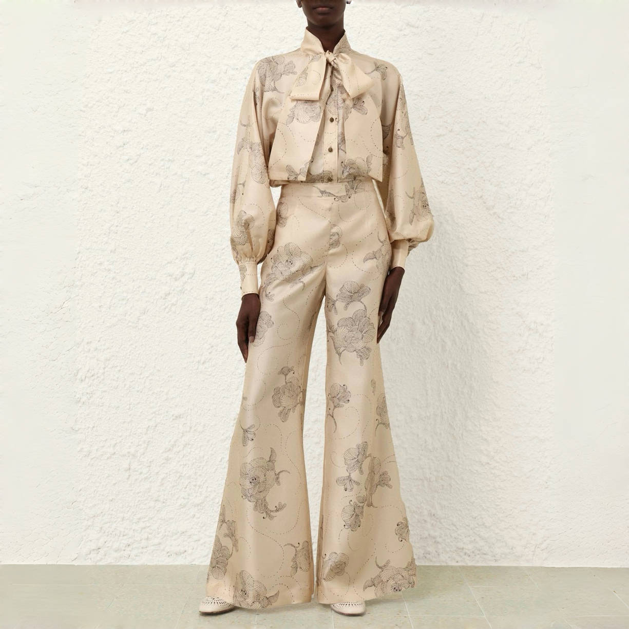 NIGO Zimmermann Women's Summer Sketch Floral Print Bow Tie Collar Solid Colour Single Breasted Silk Shirt Slim Pants Suit Set #nigo76951