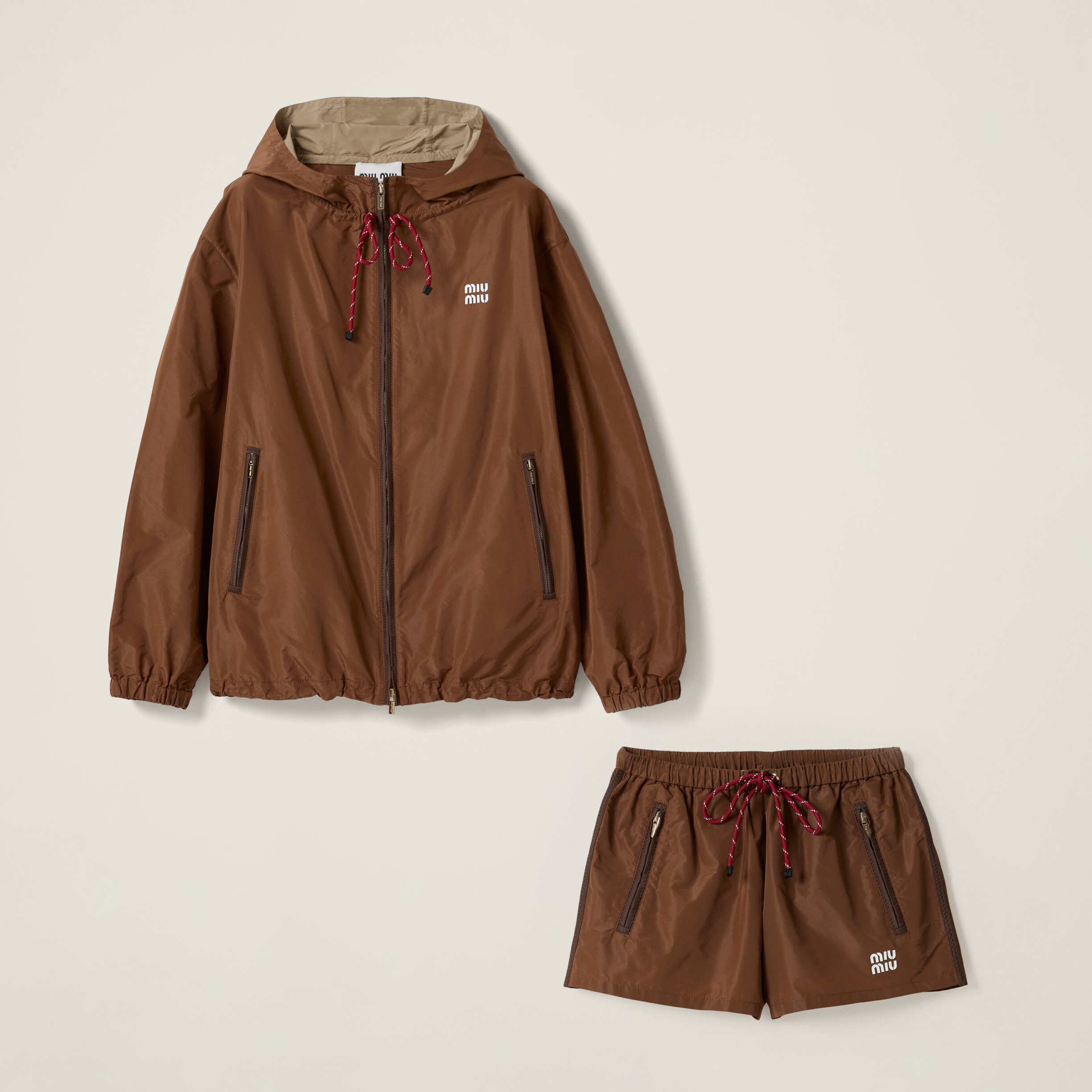 NIGO MiuMiu Women's Spring/Summer Solid Colour Letter Print Hooded Zipper Long Sleeve Jacket and Casual Drawstring Shorts Set Suit #nigo76968