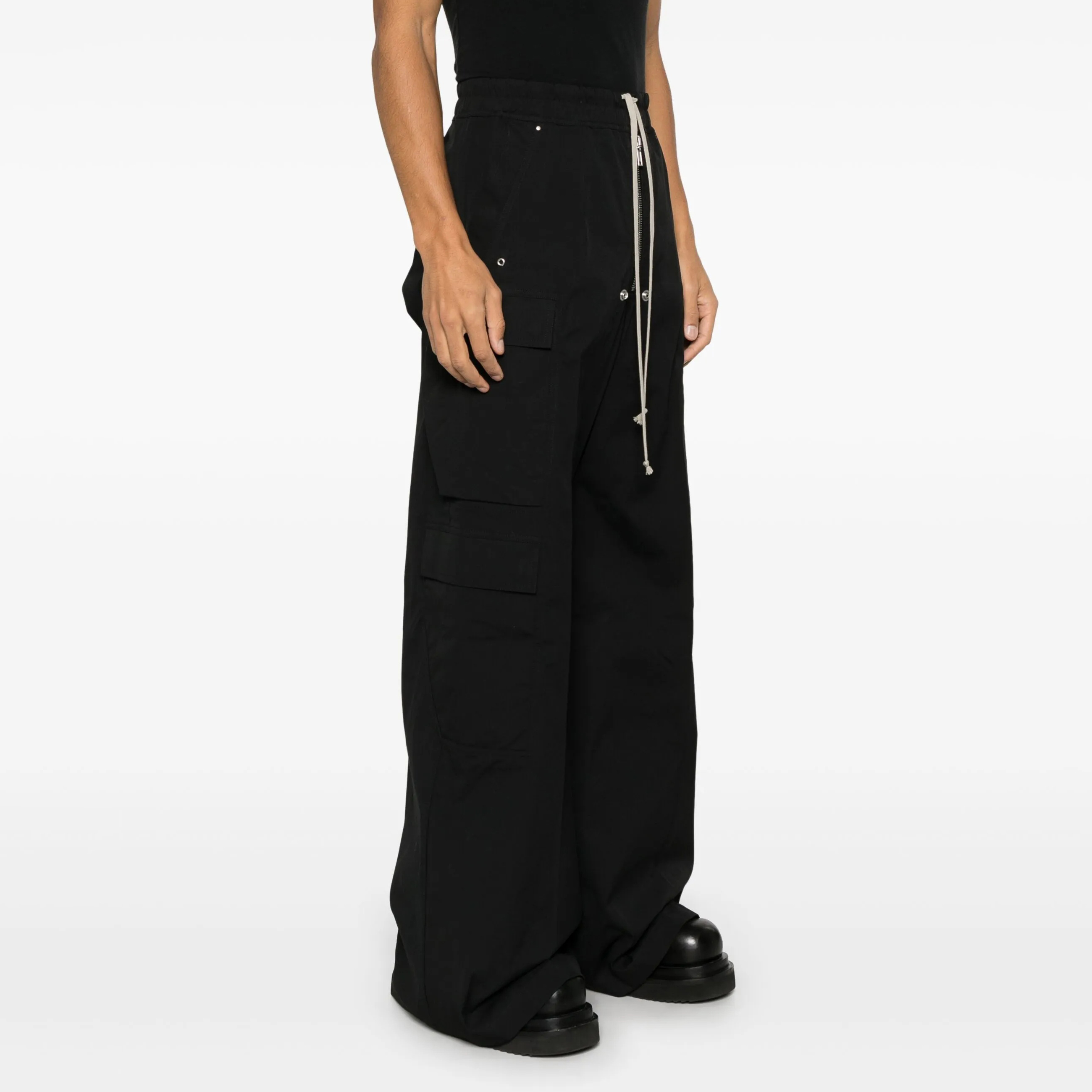 NIGO Rick Owens Men's Spring & Fall Black Multi-Pocket Drawstring Zipper Wide Leg Flared Pants #nigo76955