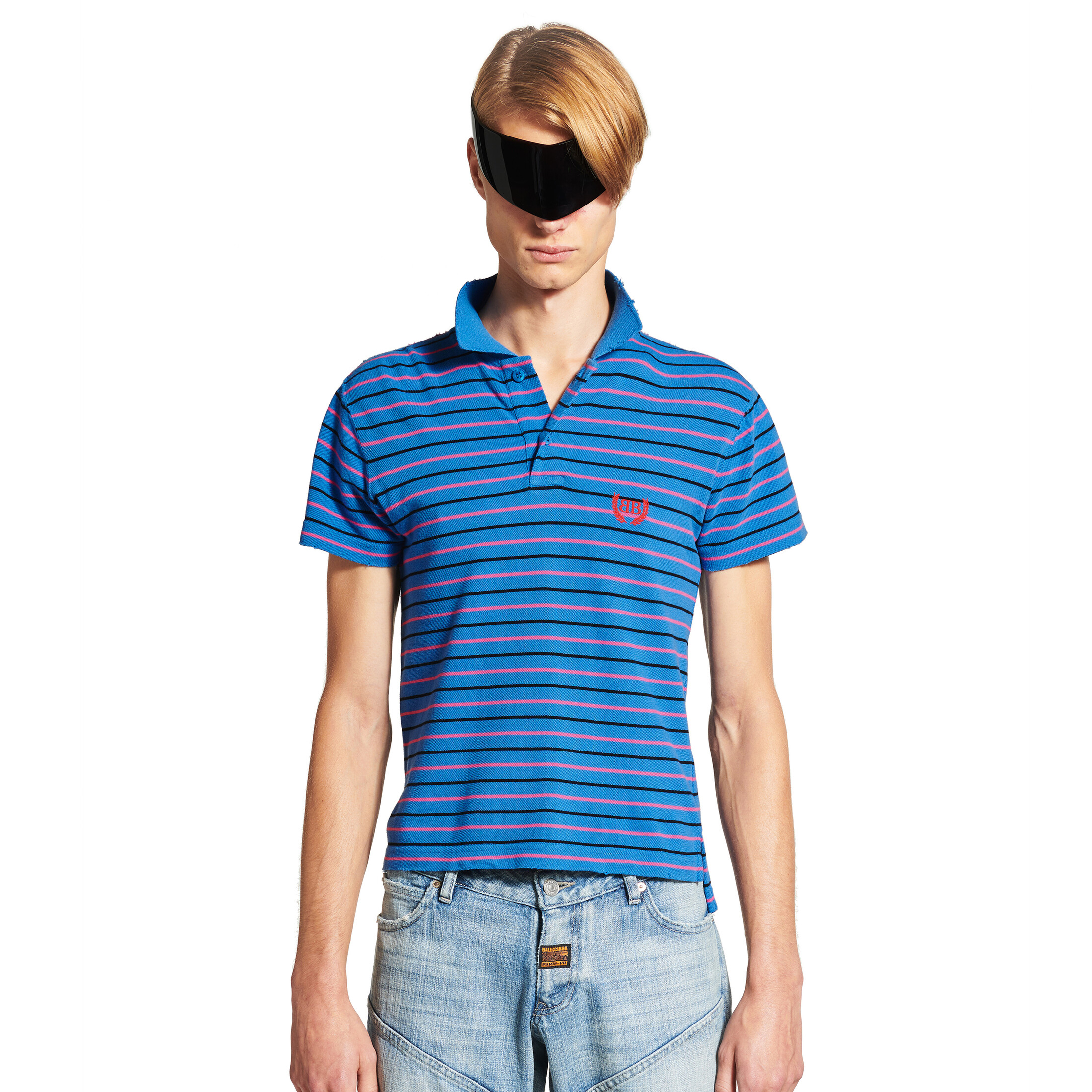 NIGO Balenciaga Men's Summer Blue Striped Printed Polo Neck Cotton Short-sleeved T-shirt Casual Stretch Drawstring Shorts Set Suit #nigo76973