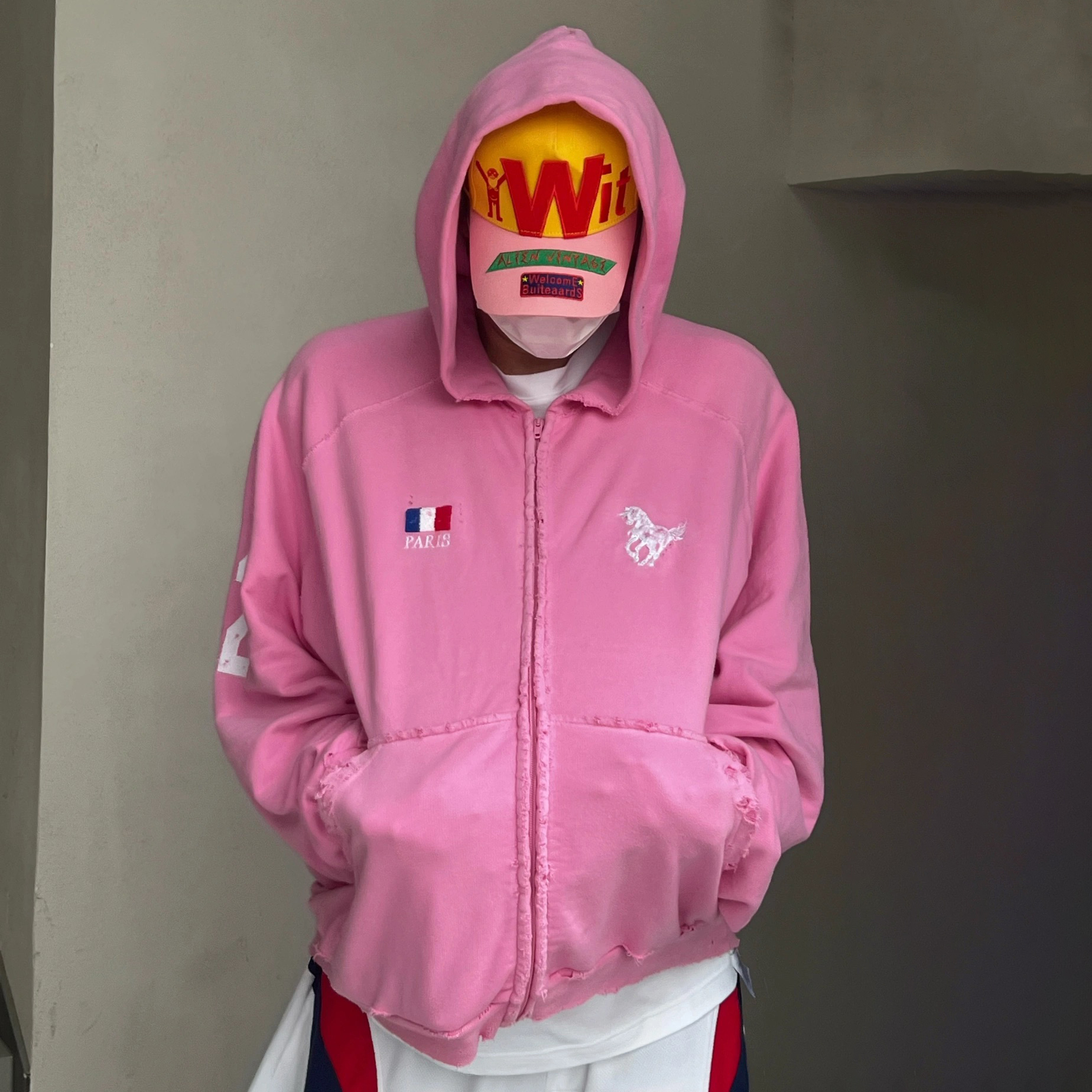 NIGO Balenciaga Men's and Women's Spring and Autumn Destruction Pink War Horse Aged Washed Destruction Embroidery Hooded Zip Jacket #nigo76975