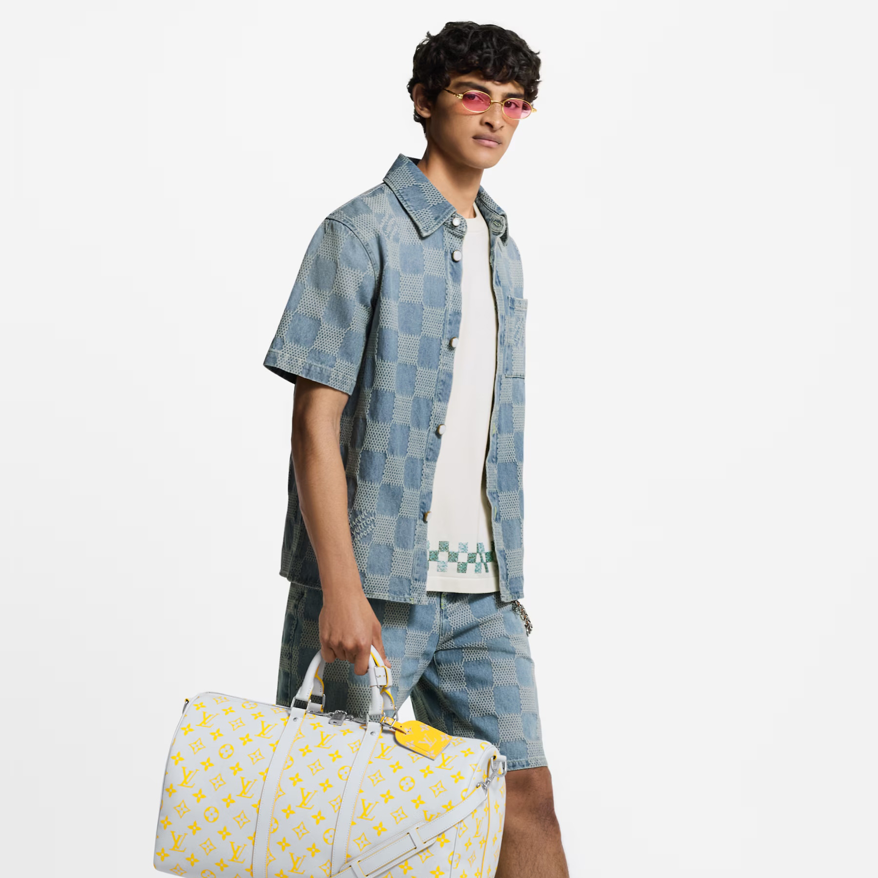 NIGO Louis Vuitton Men's Summer Blue Logo Printed Lapel Single Breasted Denim Short Sleeve Shirt Straight Jeans Shorts Set Suit #nigo76984