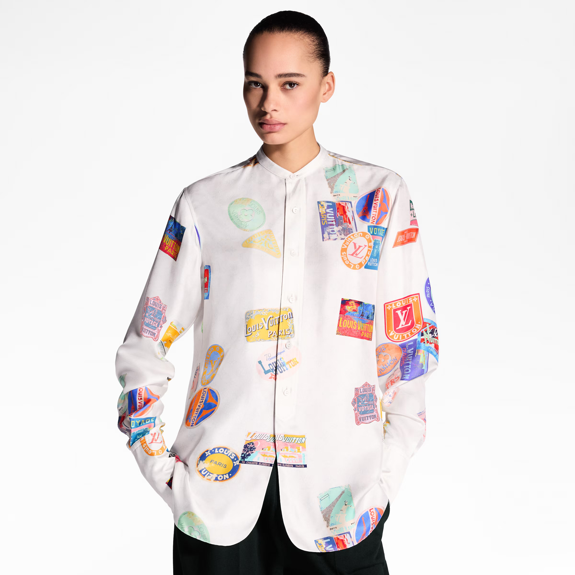 NIGO Louis Vuitton Women's Summer Badge Print Round Neck Single Button Silk Long Sleeve Shirt #nigo76988