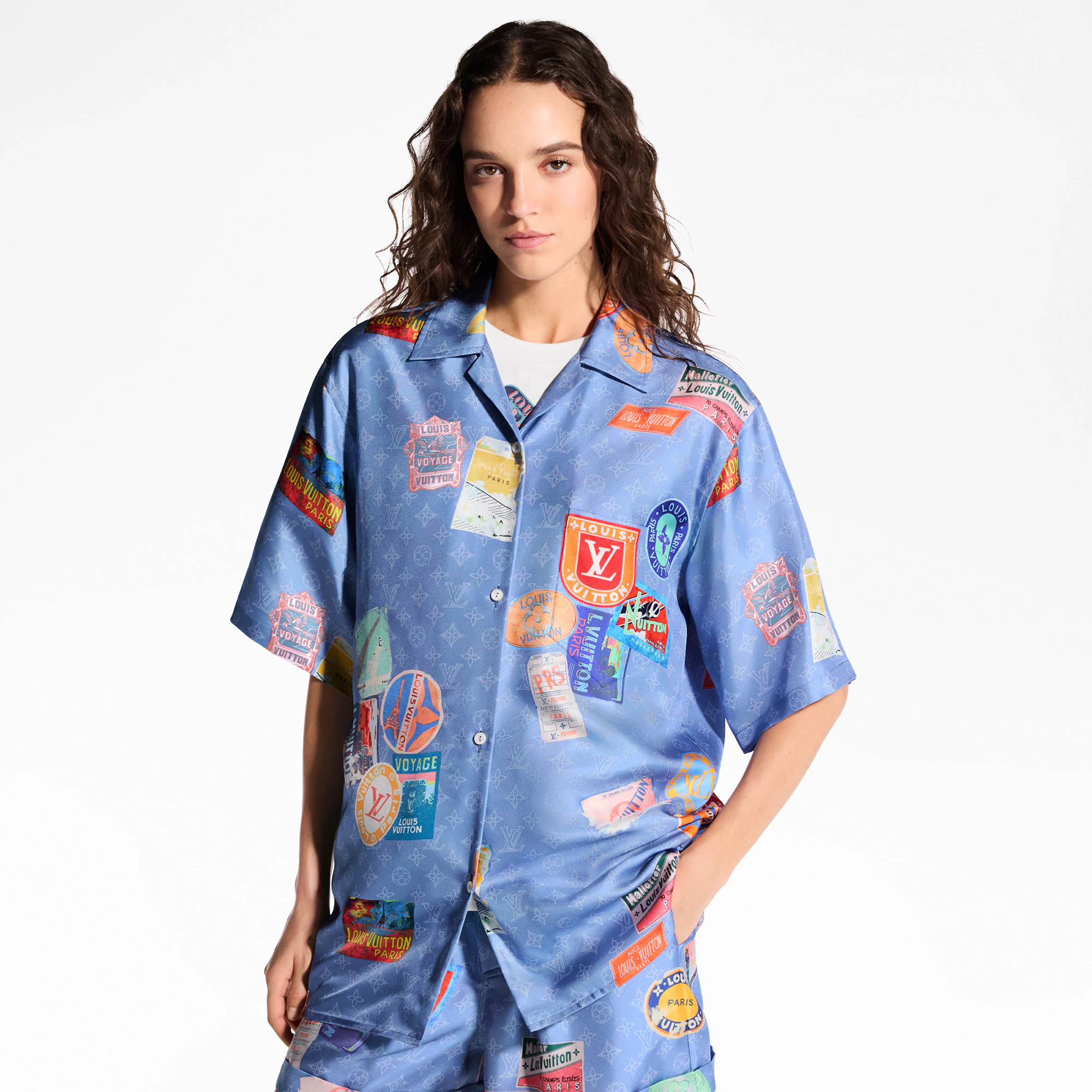 NIGO Louis Vuitton Women's Summer Badge Print Round Neck Single Button Silk Short Sleeve Shirt #nigo76991