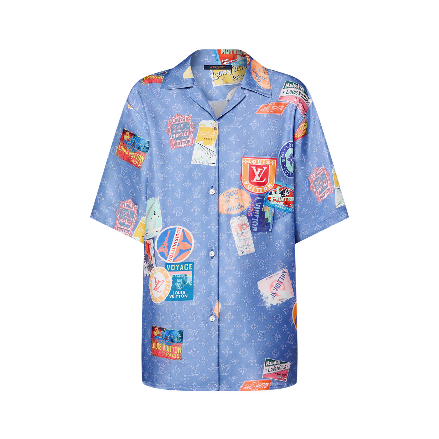 NIGO Louis Vuitton Women's Summer Badge Print Round Neck Single Button Silk Short Sleeve Shirt #nigo76991
