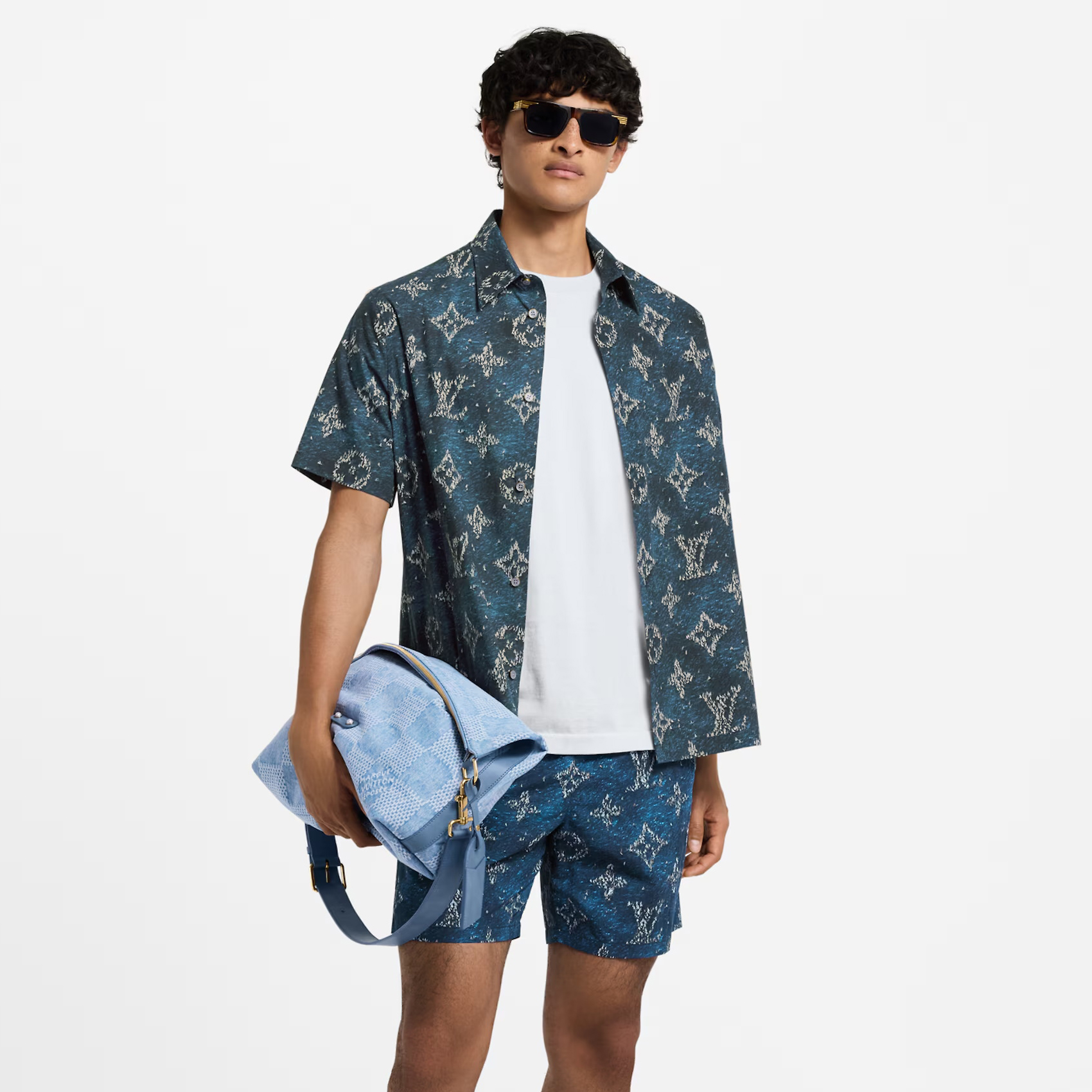 NIGO Louis Vuitton Men's Summer Logo Print Single Breasted Silk Short Sleeved Shirt And Casual Drawstring Shorts Suit Set #nigo76997
