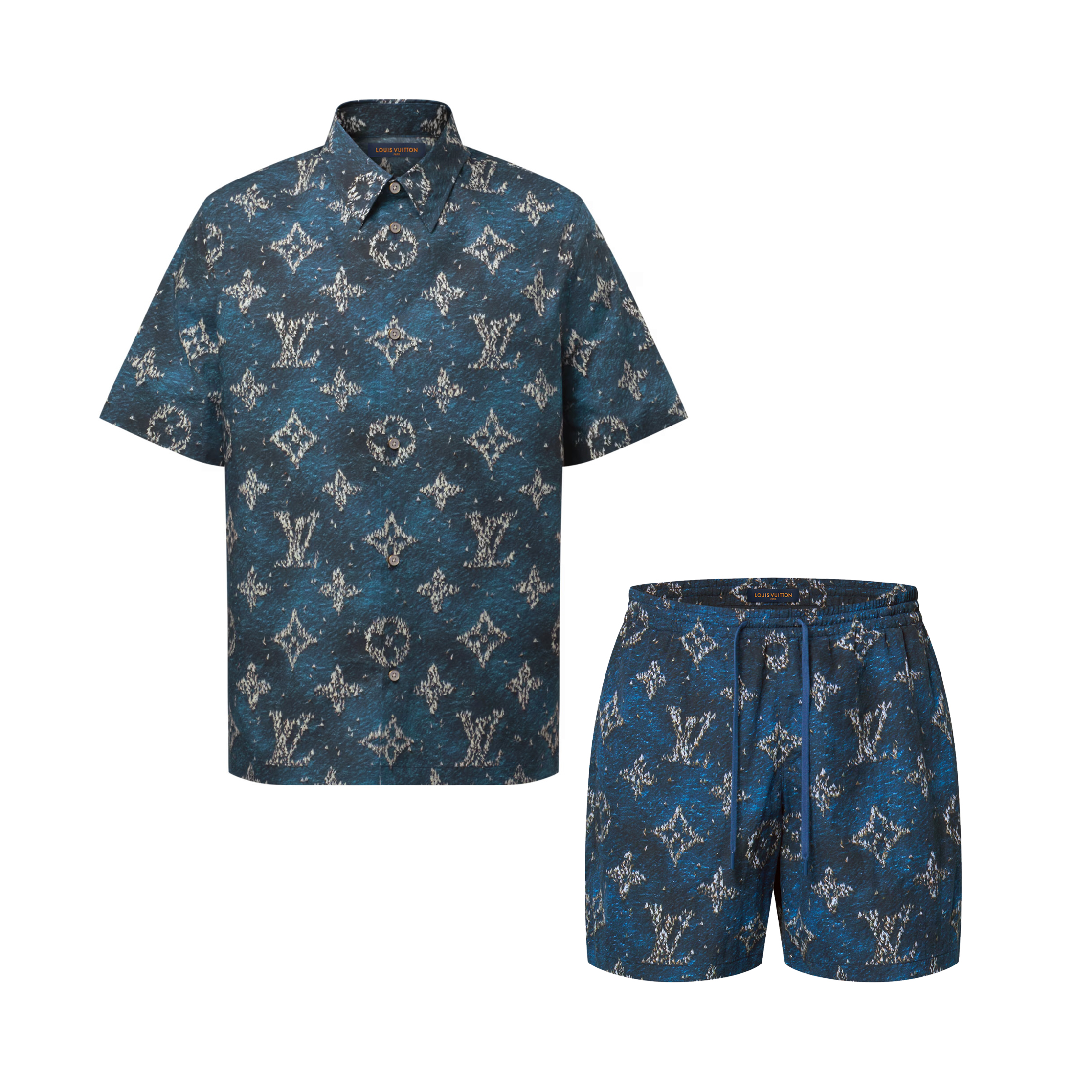 NIGO Louis Vuitton Men's Summer Logo Print Single Breasted Silk Short Sleeved Shirt And Casual Drawstring Shorts Suit Set #nigo76997