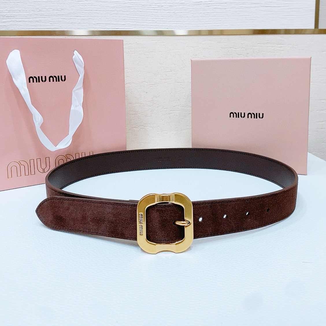 NIGO MiuMiu Women's Solid Colour Cowhide Logo Belt with Metal Buckle #nigo76279