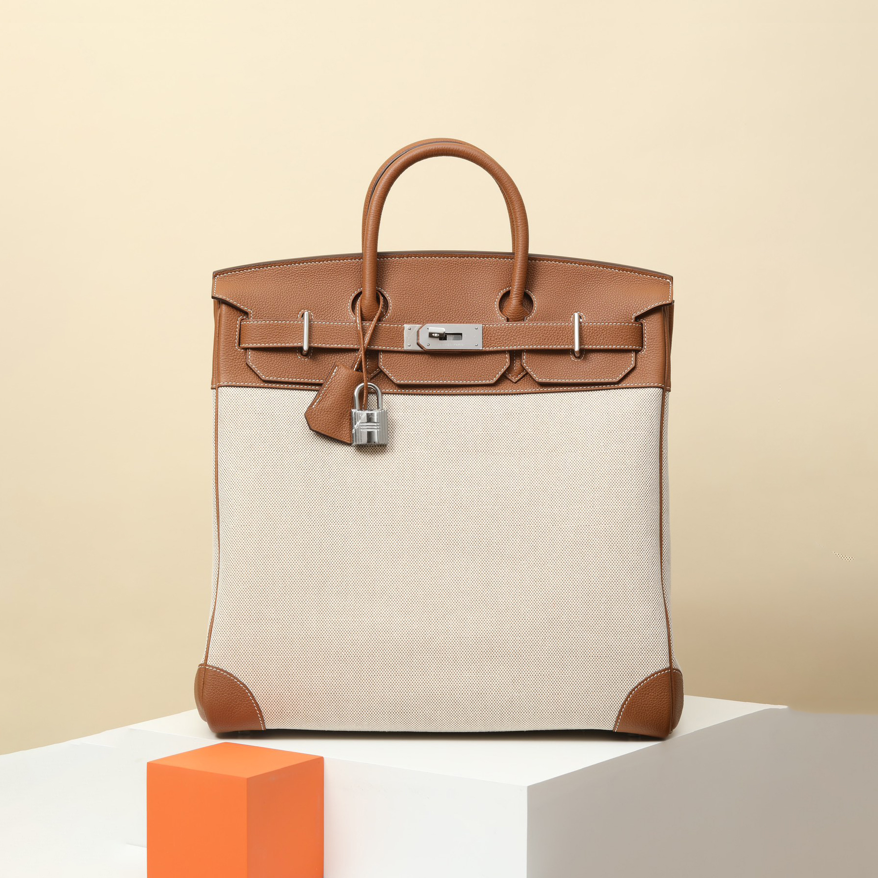 NIGO Hermes HacHaut A Courroies 40 HACG40 Women's Silver Buckle Canvas And Cowhide Colour Blocked Handbag Bag Bags #nigo77113