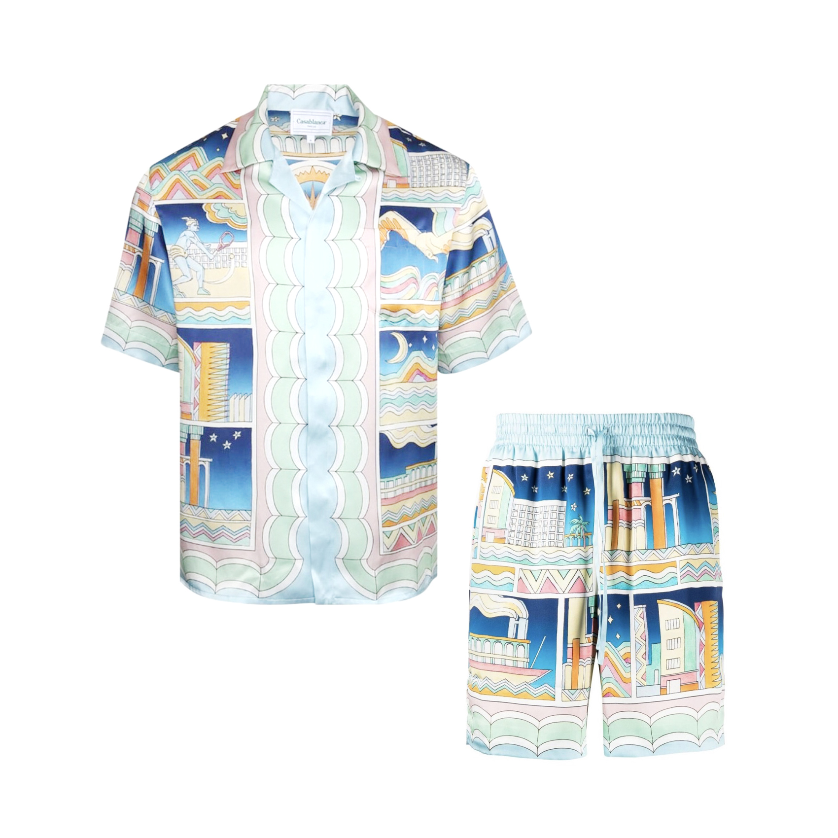 NIGO Casablanca Men's Summer City Print Single-Breasted Short-Sleeved Shirt and Casual Drawstring Shorts Set Suit #nigo77128