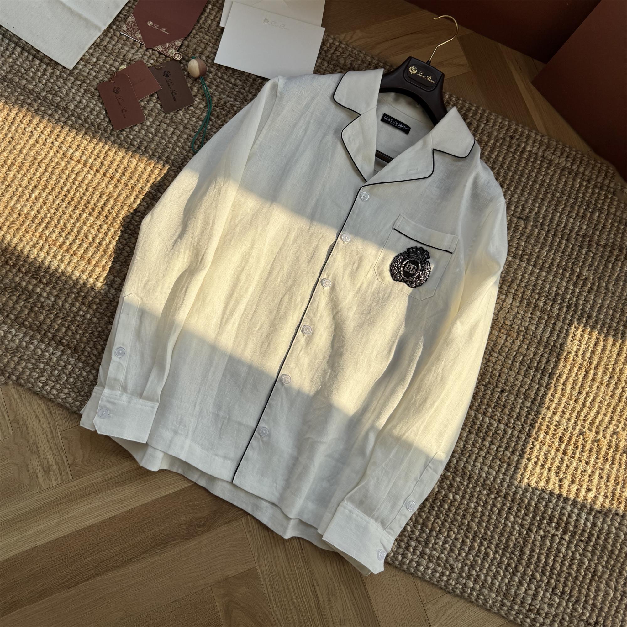 NIGO Dolce & Gabbana Men's Spring/Summer Solid Colour Embroidered Pattern Printed Single-Breasted Linen Fabric Long-Sleeved Shirt #nigo77136