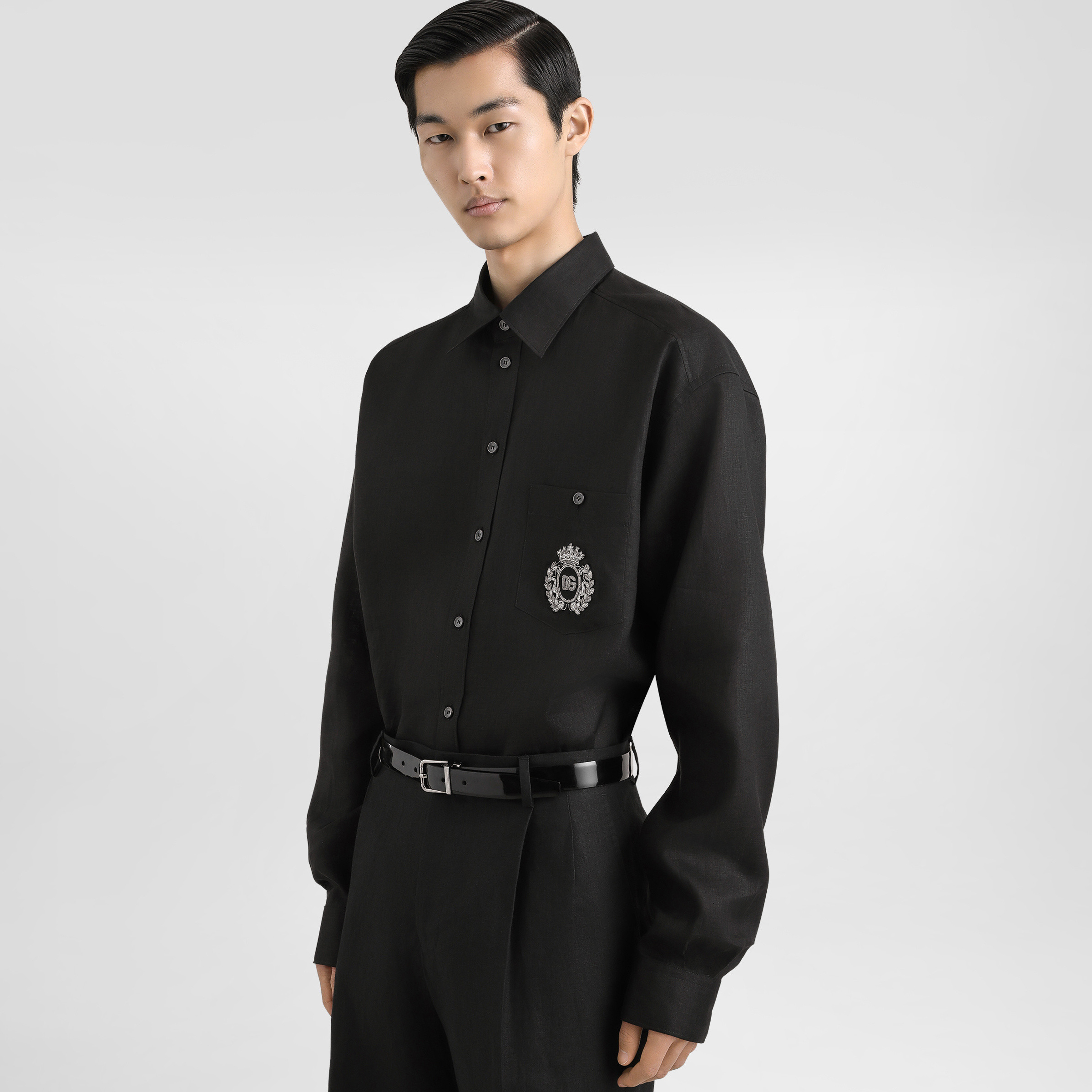 NIGO Dolce & Gabbana Men's Spring/Summer Solid Colour Embroidered Pattern Printed Single-Breasted Linen Fabric Long-Sleeved Shirt #nigo77135