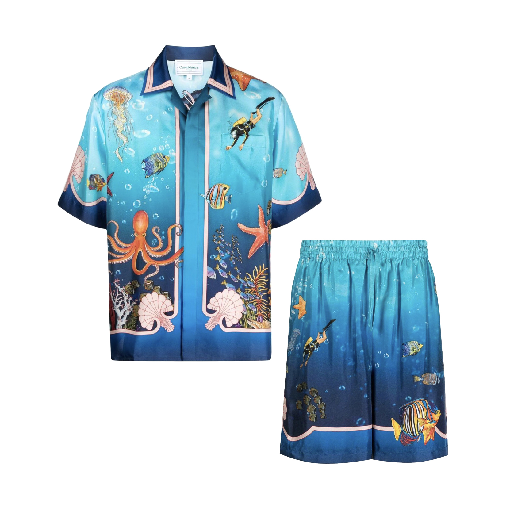 NIGO Casablanca Men's Summer Underwater World Pattern Printed Single Breasted Short Sleeve Shirt Casual Lace Up Shorts Set Suit #nigo77126