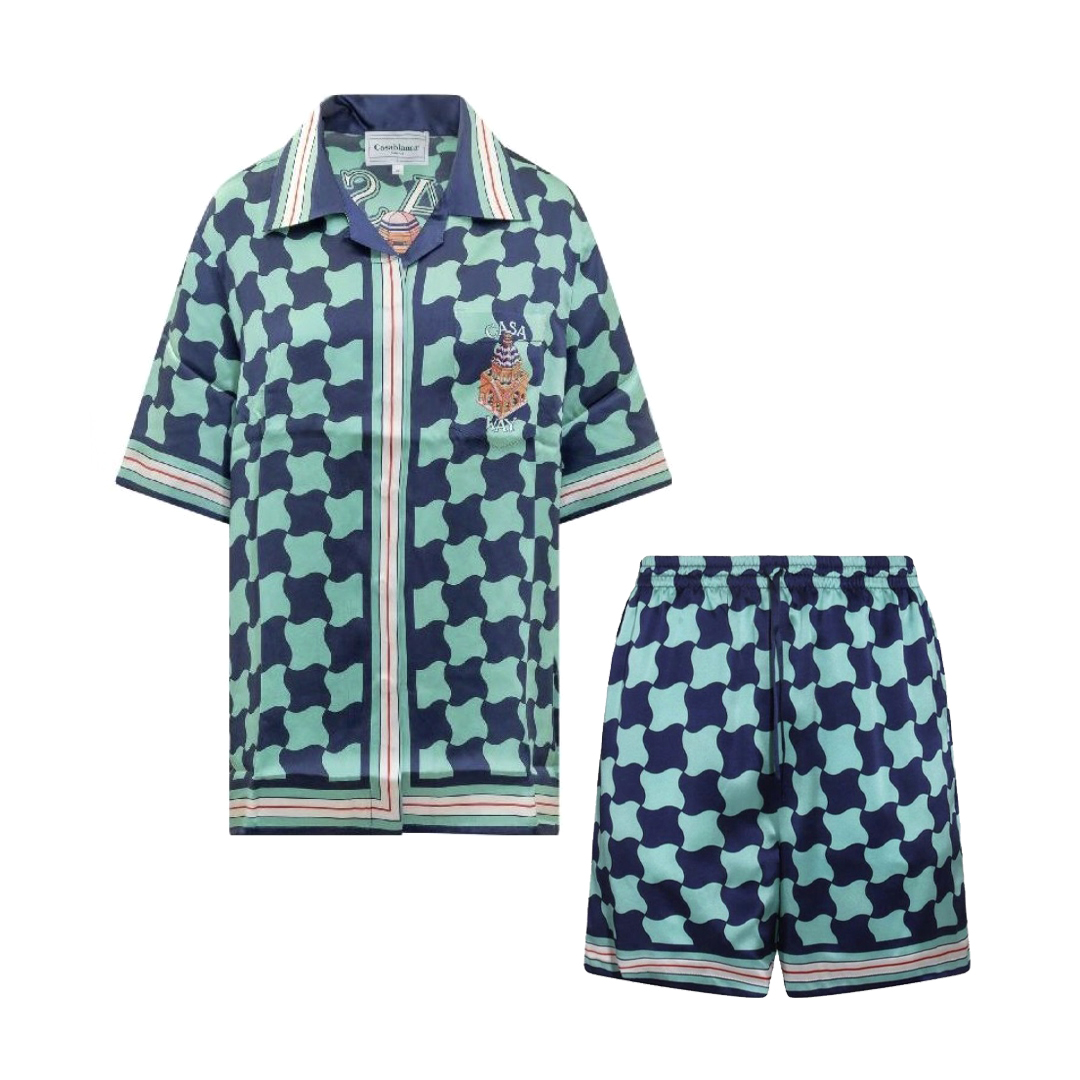NIGO Casablanca Men's Summer Geometric Pattern Printed Single-Breasted Short-Sleeved Shirt and Casual Drawstring Shorts Set #nigo77127