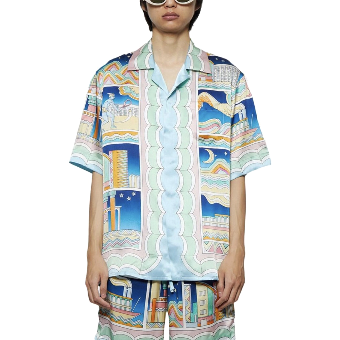 NIGO Casablanca Men's Summer City Print Single-Breasted Short-Sleeved Shirt and Casual Drawstring Shorts Set Suit #nigo77128