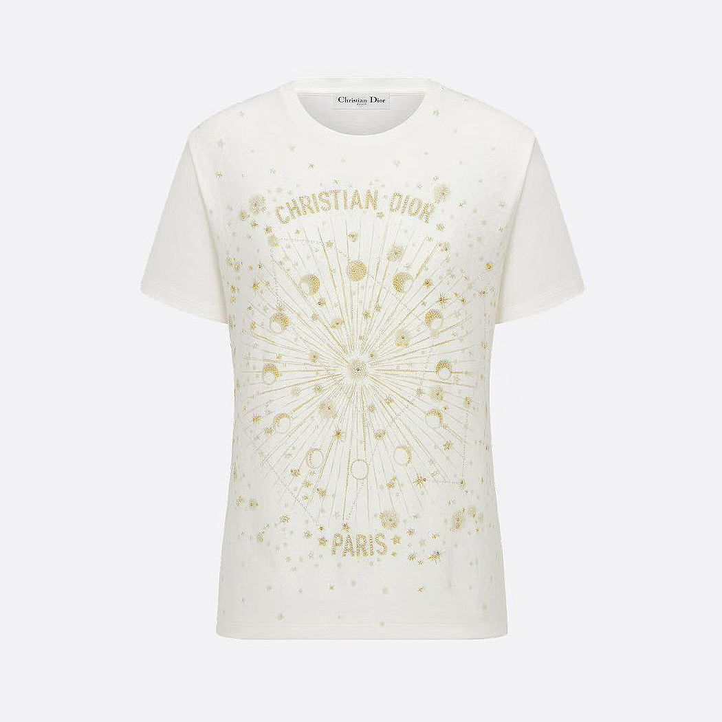 NIGO Dior Women's Summer Gold Thread Embroidery Printed Solid Color Round Neck Cotton Short Sleeve T-Shirt #nigo77141