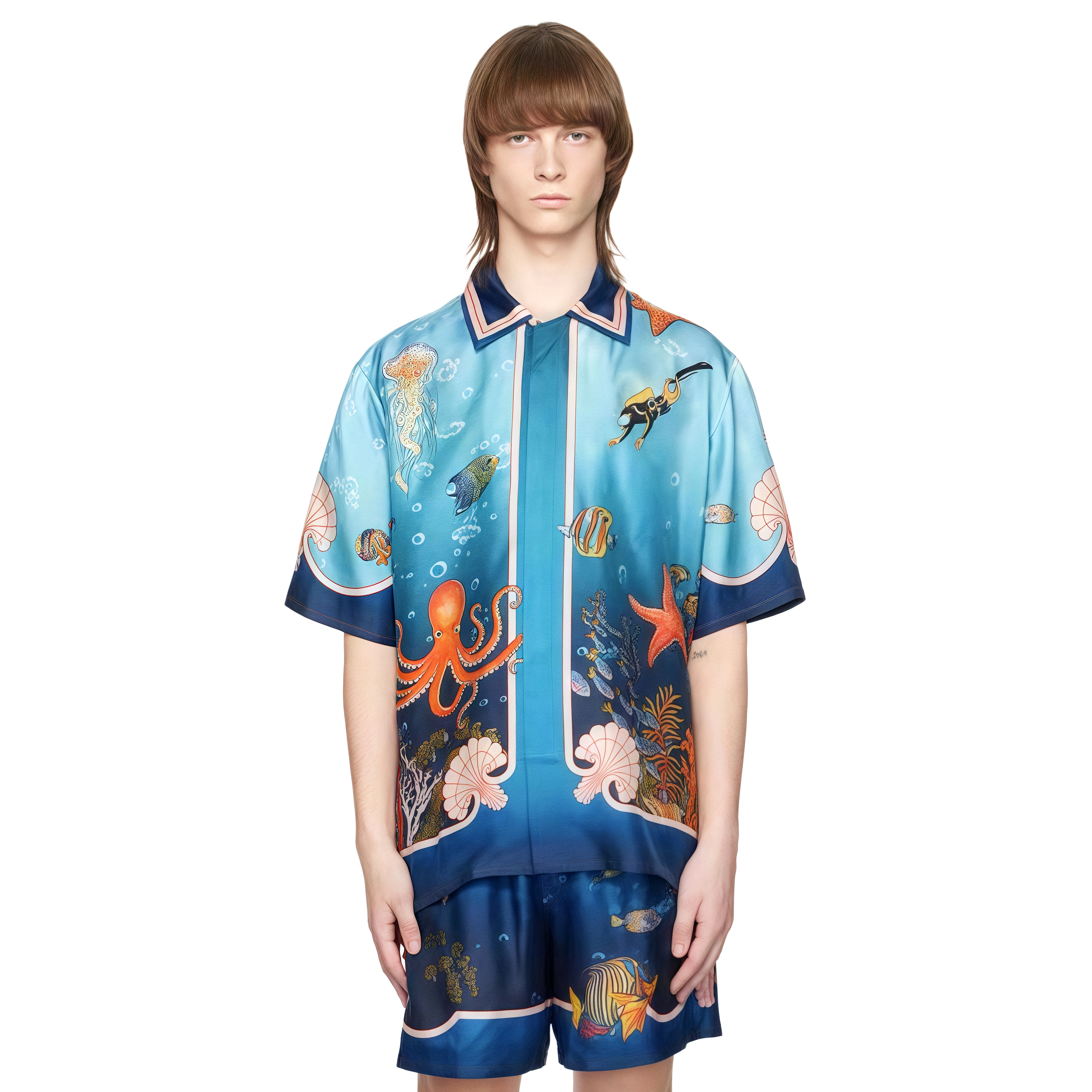 NIGO Casablanca Men's Summer Underwater World Pattern Printed Single Breasted Short Sleeve Shirt Casual Lace Up Shorts Set Suit #nigo77126