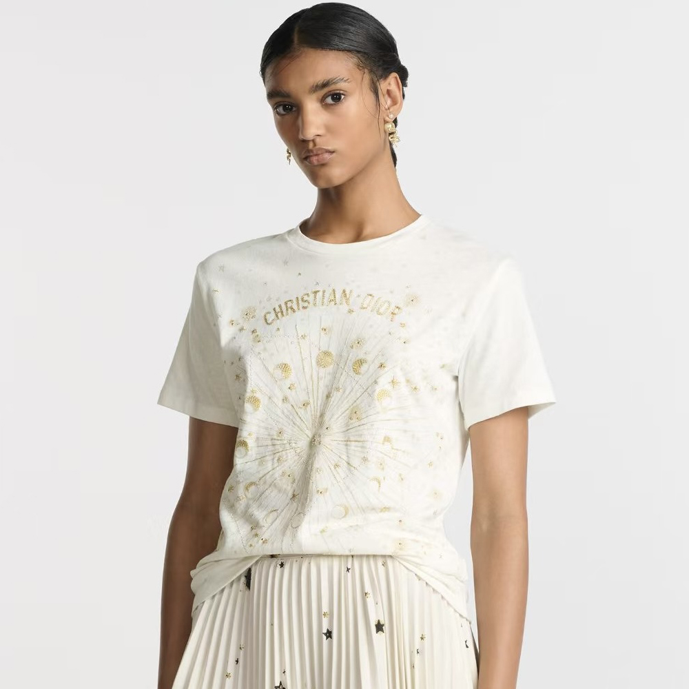 NIGO Dior Women's Summer Gold Thread Embroidery Printed Solid Color Round Neck Cotton Short Sleeve T-Shirt #nigo77141