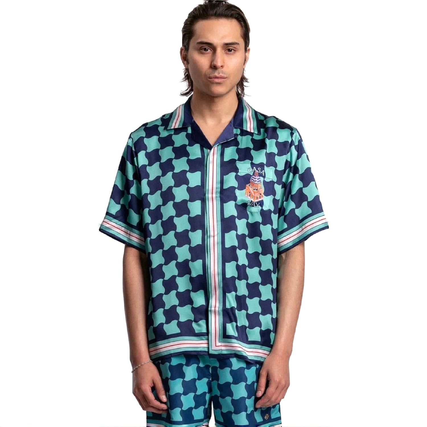 NIGO Casablanca Men's Summer Geometric Pattern Printed Single-Breasted Short-Sleeved Shirt and Casual Drawstring Shorts Set #nigo77127