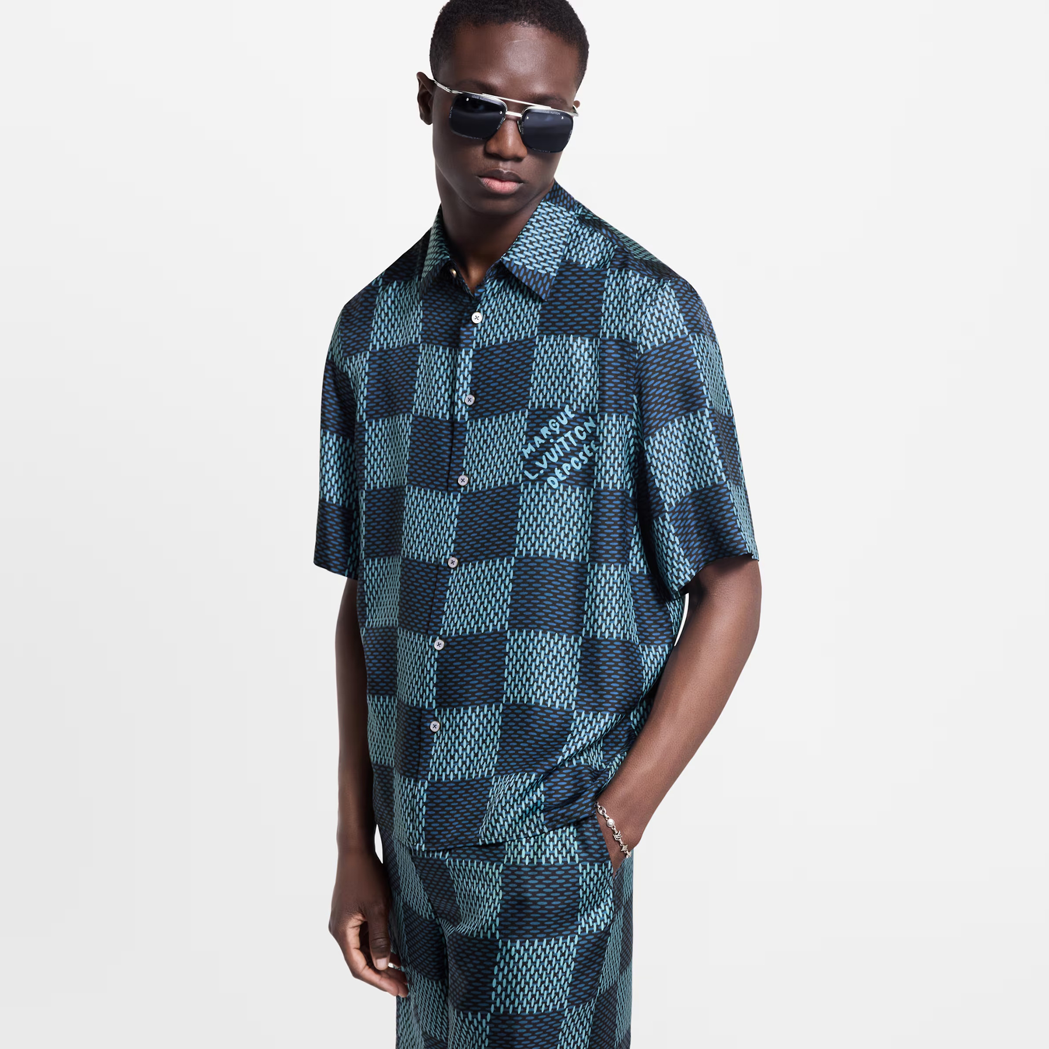 NIGO Louis Vuitton Men's Summer Solid Color Checkered Print Single-Breasted Short-Sleeved Shirt and Casual Shorts Set Suit #nigo77177