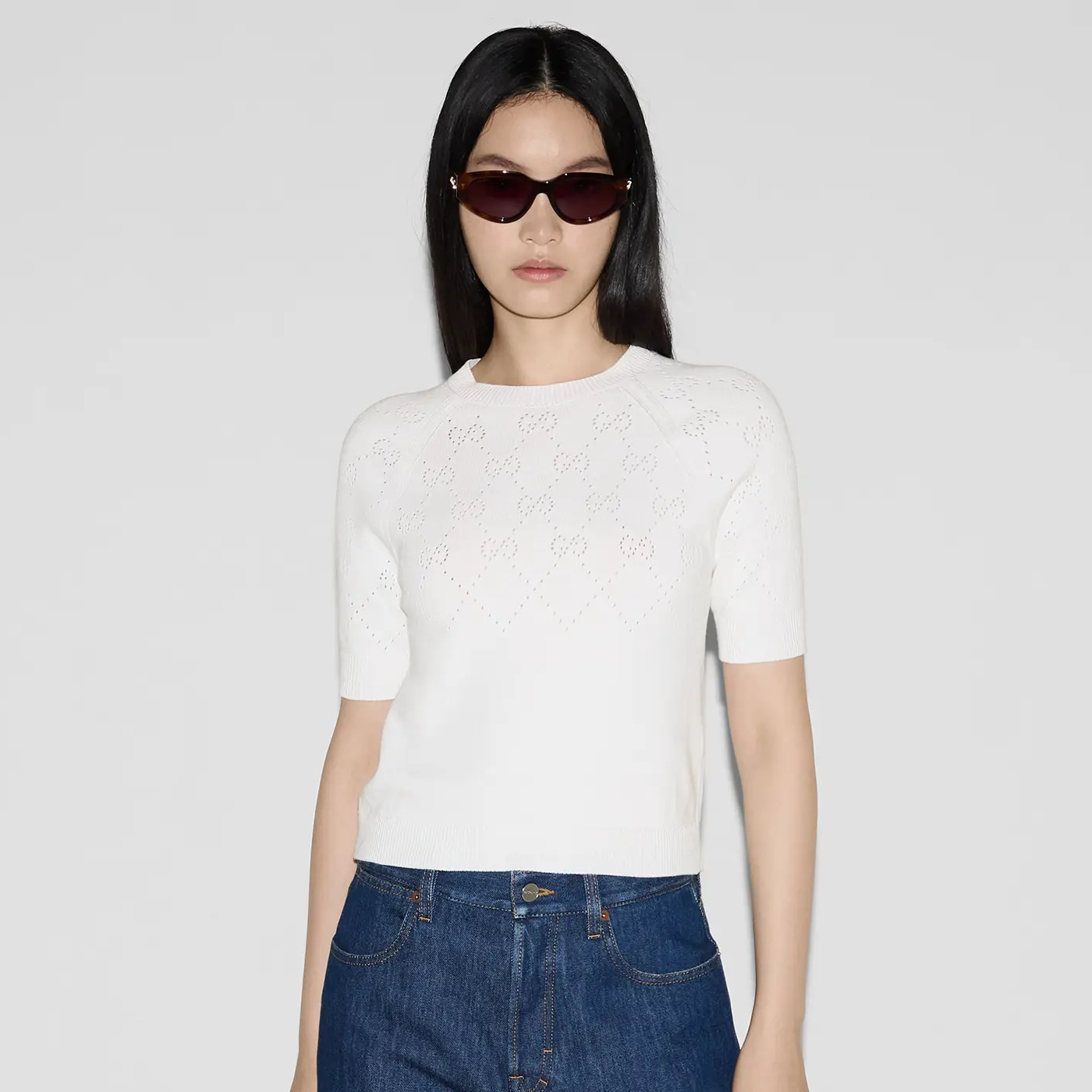 NIGO Gucci Women's Summer Solid Color Jacquard Round Neck Short Sleeve Knitted Sweater T-shirt #nigo77163