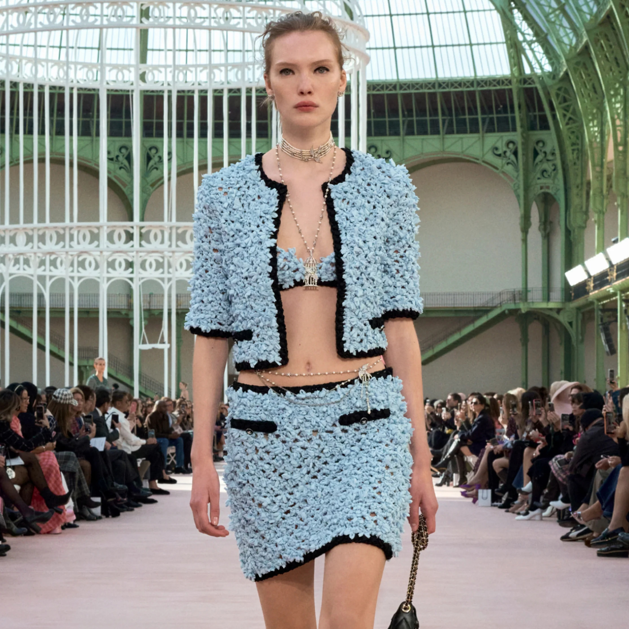 NIGO Chanel Women's Spring And Summer Luxury Silk Blue Jacket Temperament Elegant Fashion Round Neck Single-breasted Shirt T-shirt Bustier Skirt Suit Set Ngvp #nigo1716