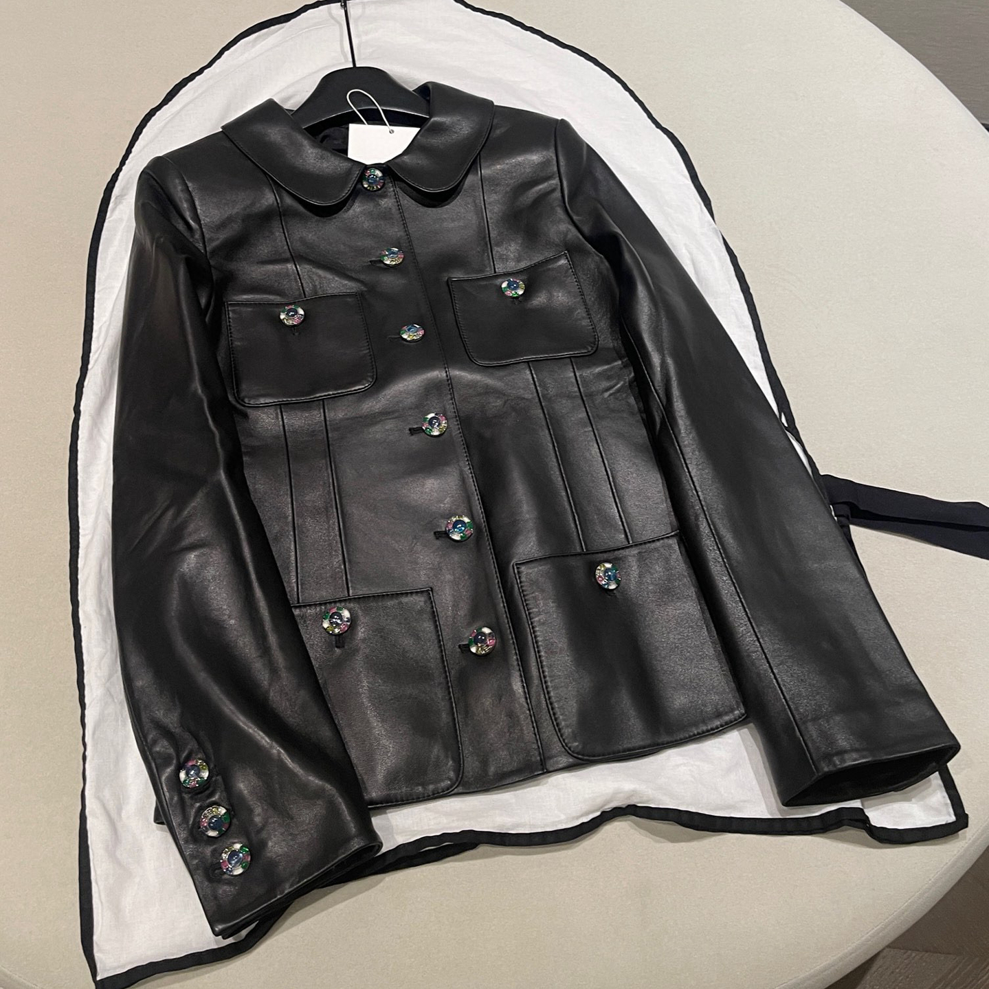 NIGO Chanel Women's Spring And Autumn Sheepskin Solid Color Four Pockets Single-Breasted Lapel Long-Sleeved Leather Coat Jacket #nigo81268