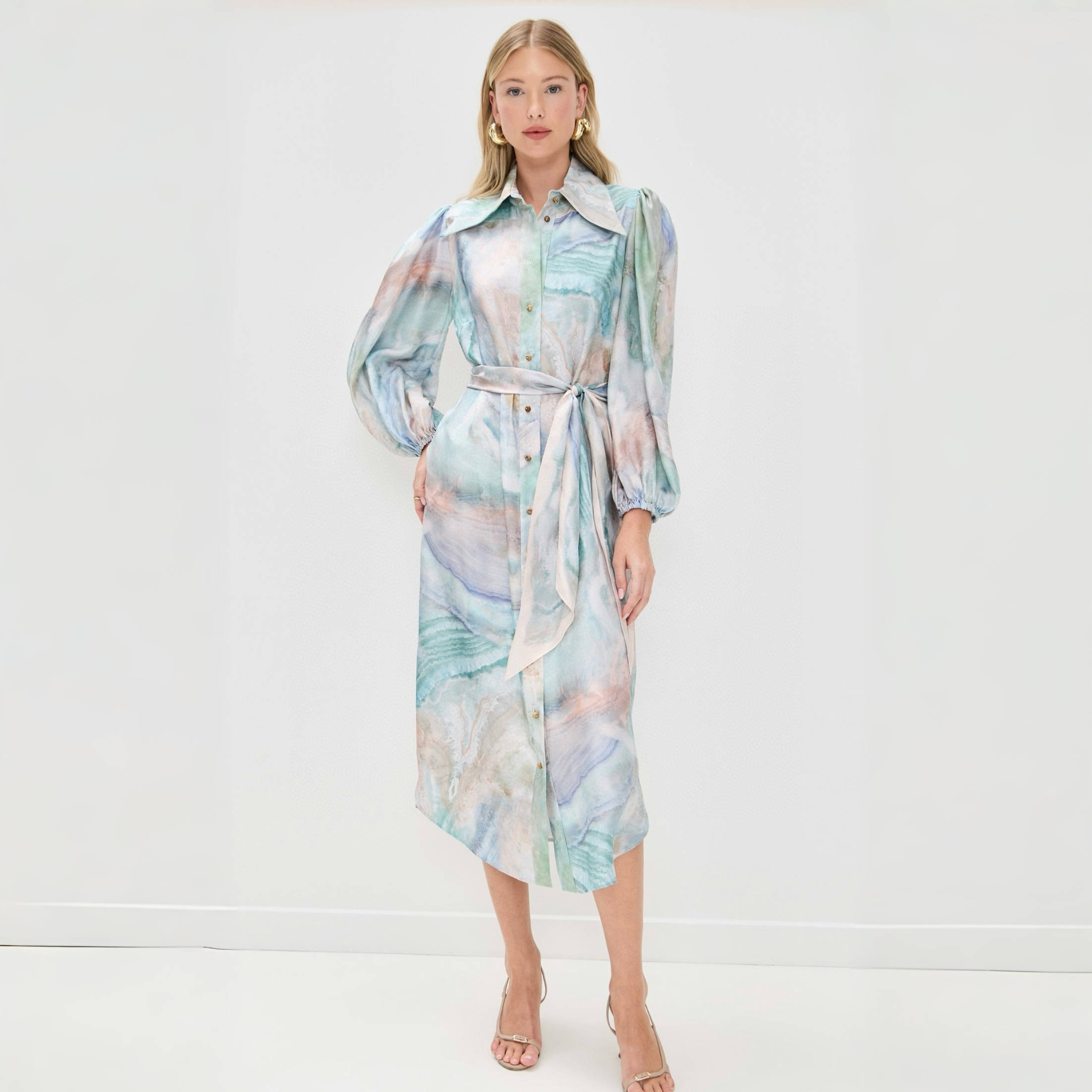 NIGO Zimmermann Women's Summer Blue Agate Print Single-Breasted Waist-cinched Long-sleeved Silk Dress #nigo77179