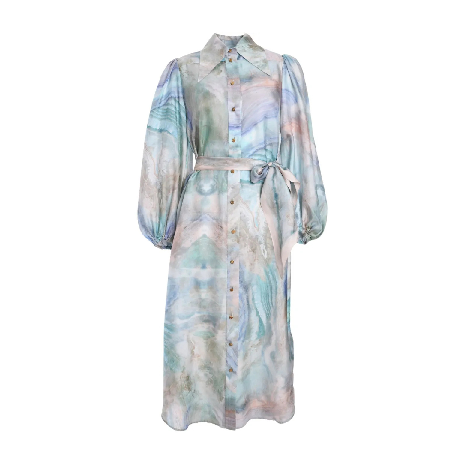 NIGO Zimmermann Women's Summer Blue Agate Print Single-Breasted Waist-cinched Long-sleeved Silk Dress #nigo77179