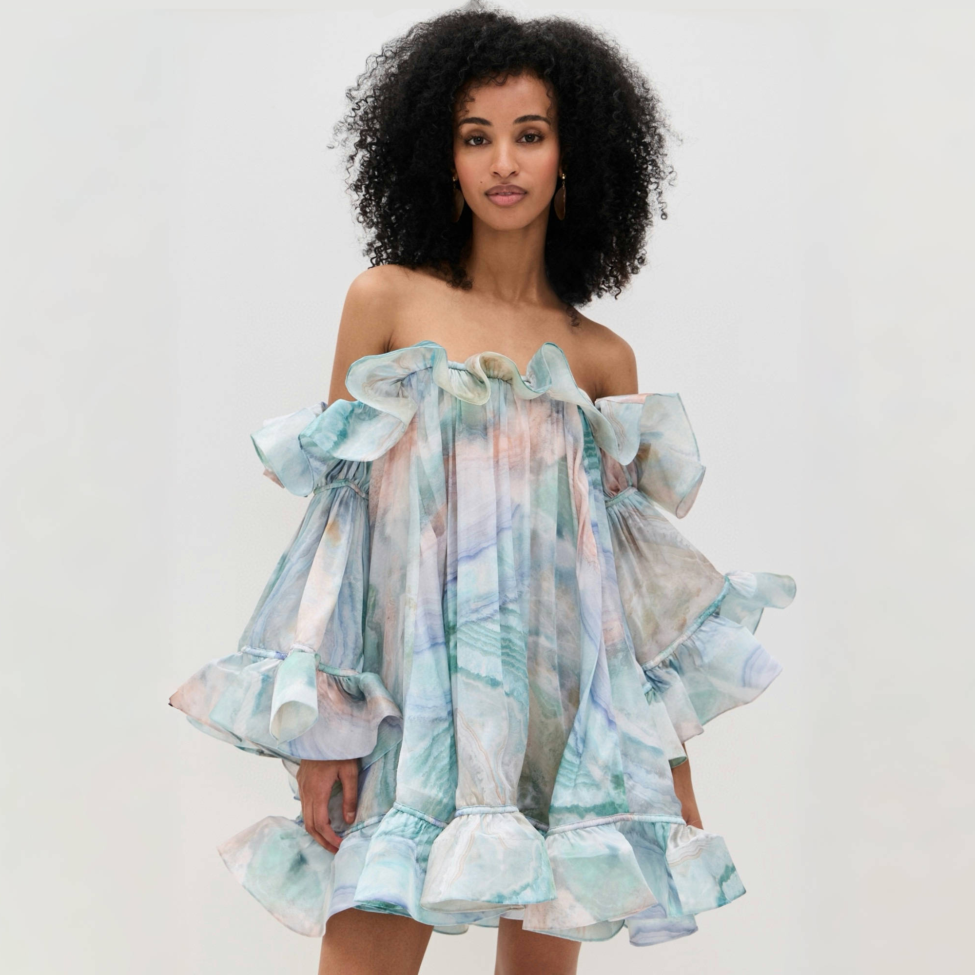 NIGO Zimmermann Women's Summer Blue Printed Silk Ruffle Strapless Mini Silk Dress #nigo77178