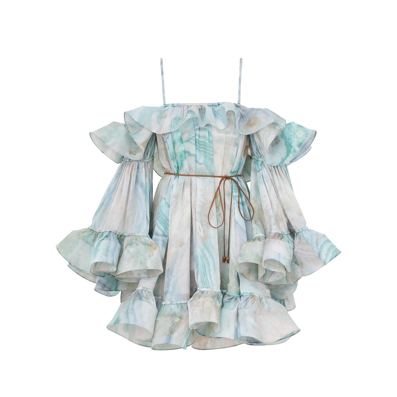 NIGO Zimmermann Women's Summer Blue Printed Silk Ruffle Strapless Mini Silk Dress #nigo77178