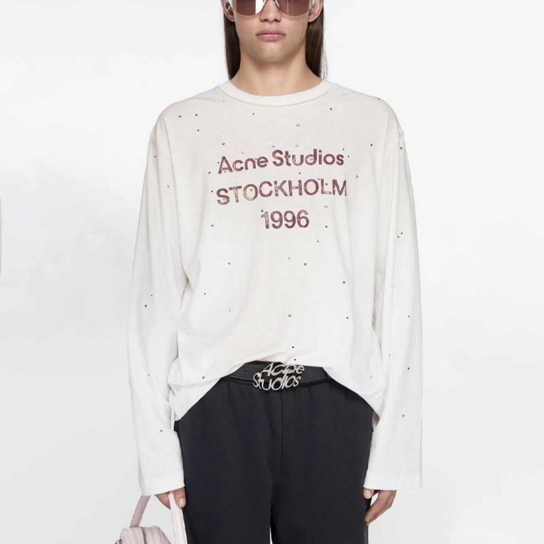 NIGO Acne Studios Women's Spring/Summer Solid Color Letter Print Rhinestone Round Neck Long Sleeve T-Shirt #nigo77188