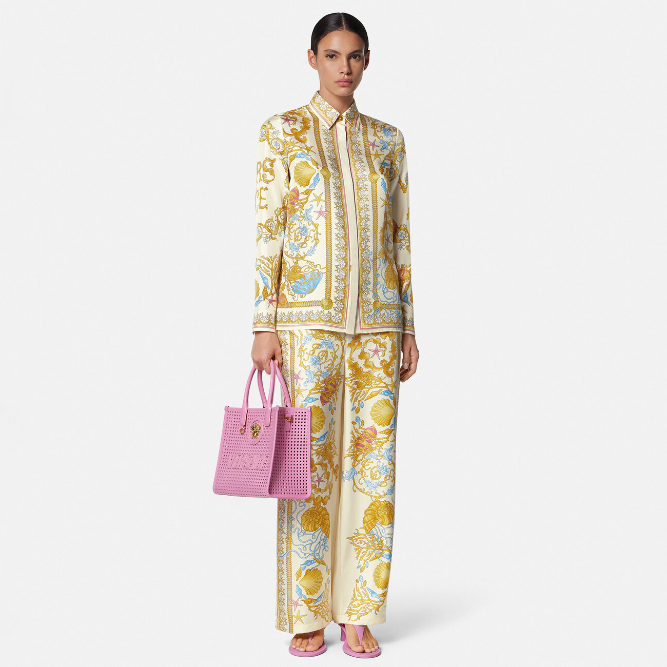 NIGO Versace Women's Summer Starfish Shell Pattern Printed Single Breasted Long Sleeved Silk Shirt And Casual Pants Set Suit #nigo77192
