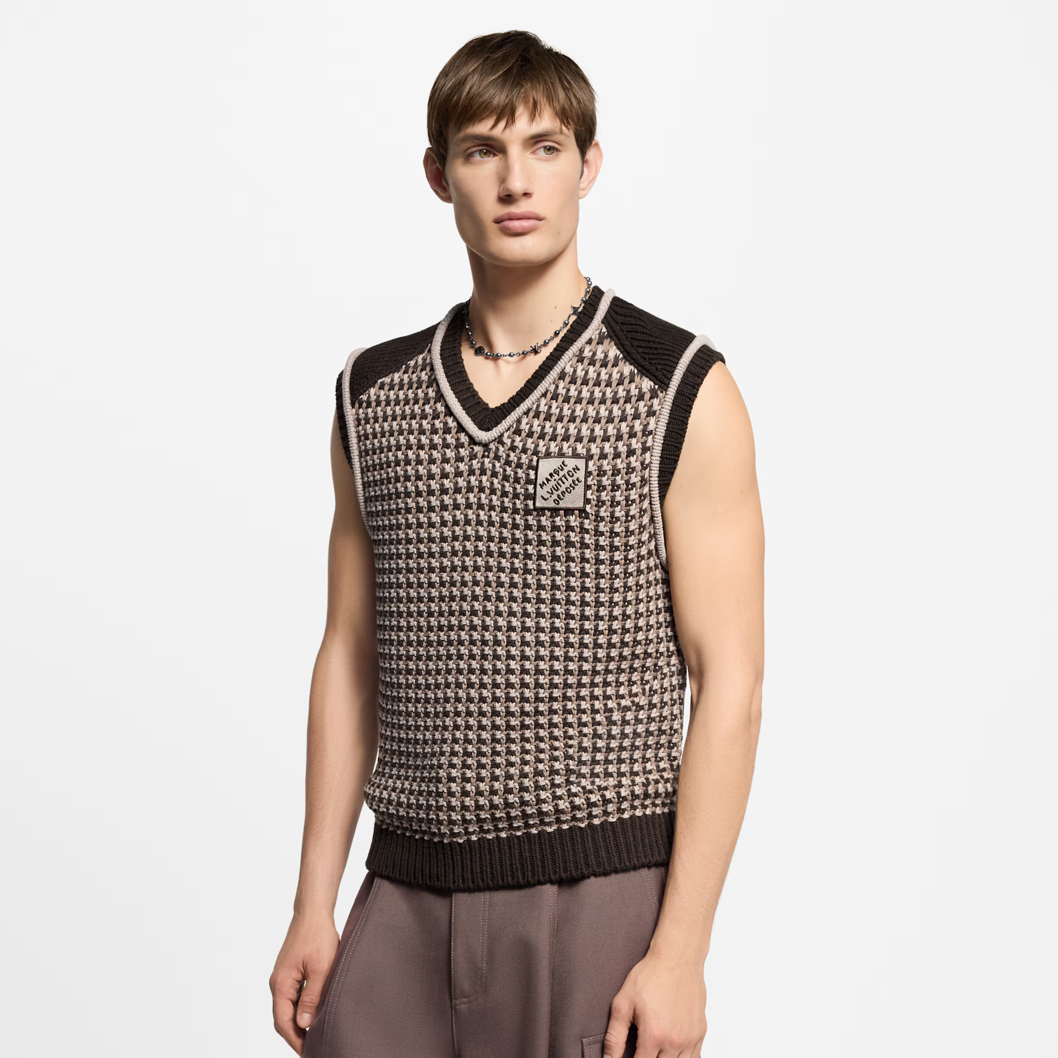 NIGO Louis Vuitton Men's Spring/Summer Brown Jacquard Cotton V-Neck Sleeveless Knitted Vest Sweater #nigo77199