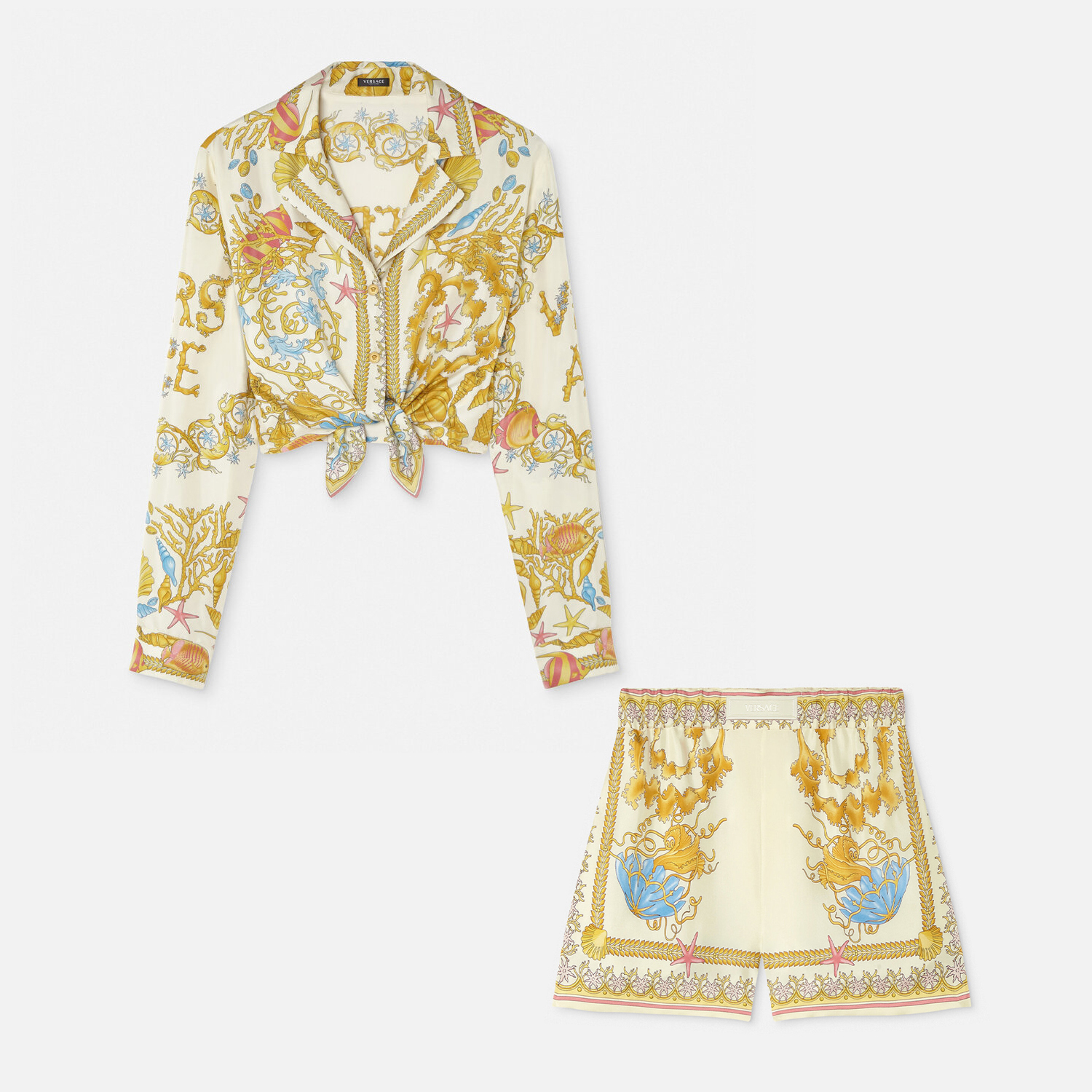 NIGO Versace Women's Summer Starfish Shell Pattern Printed V-neck Single Button Long Sleeved Silk Shirt And Casual Shorts Set Suit #nigo77193