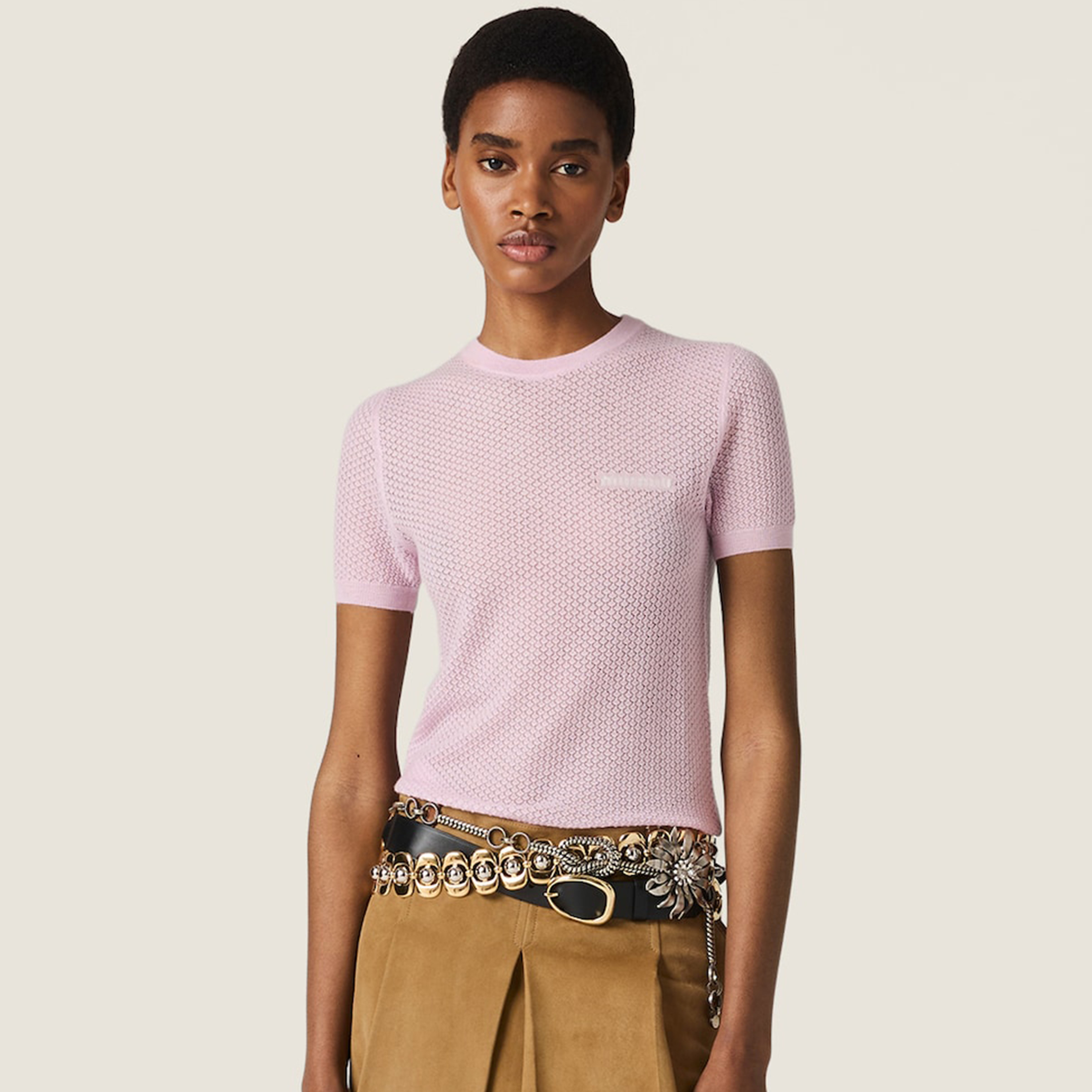 NIGO MiuMiu Women's Spring Summer Logo Hollow Knit Short Sleeve Knitted Top Round Neck Short Sleeve Fashion Elegant T-shirt #nigo81245