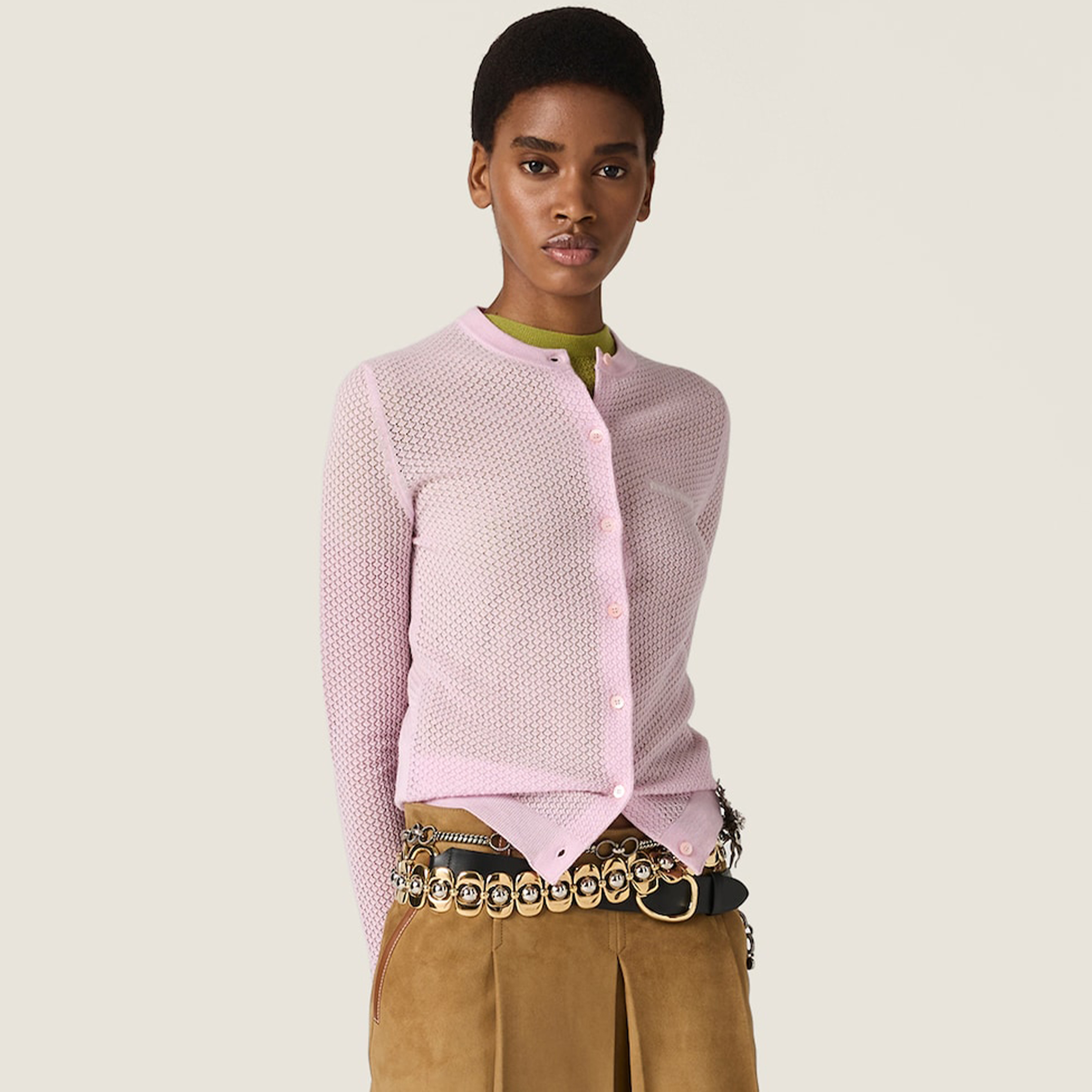 NIGO MiuMiu Women's Spring And Summer Logo Hollow Knitted Cardigan Fashion Round Neck Long-sleeved Single-breasted Girls Youth Tops #nigo81246