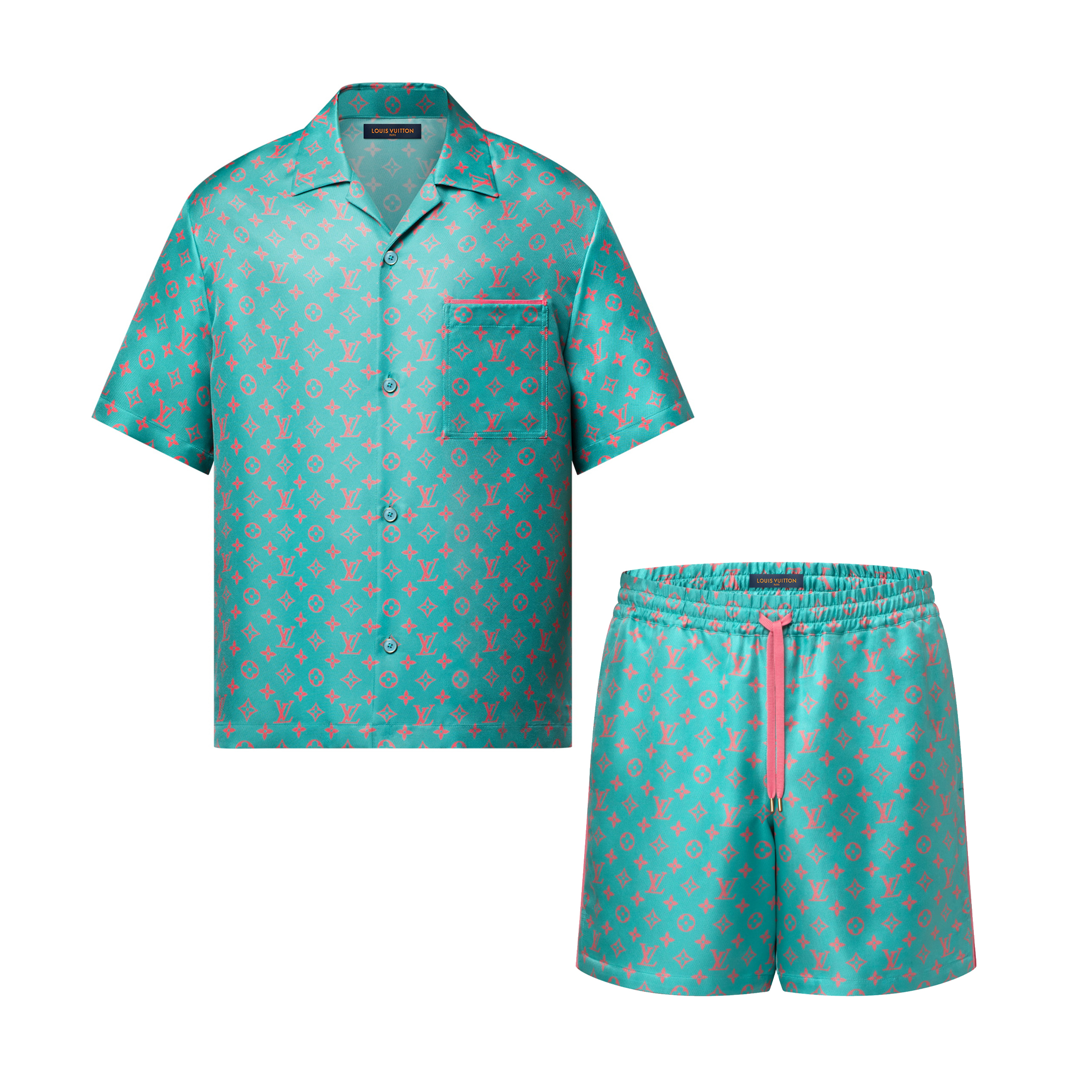 NIGO Louis Vuitton Men's Summer Solid Color Letter Print V-Neck Single Button Short Sleeve Shirt and Casual Drawstring Shorts Set Suit #nigo77244