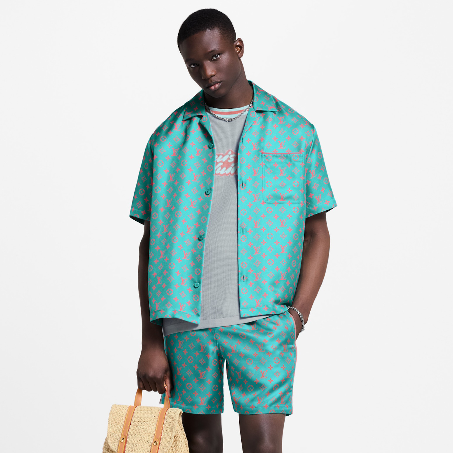 NIGO Louis Vuitton Men's Summer Solid Color Letter Print V-Neck Single Button Short Sleeve Shirt and Casual Drawstring Shorts Set Suit #nigo77244