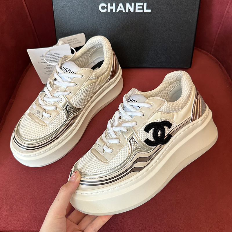 NIGO Chanel Women's Four Seasons Logo Leather Low Top Mesh Sneakers Thick Bottom Colorblocking Casual Shoes #nigo77271