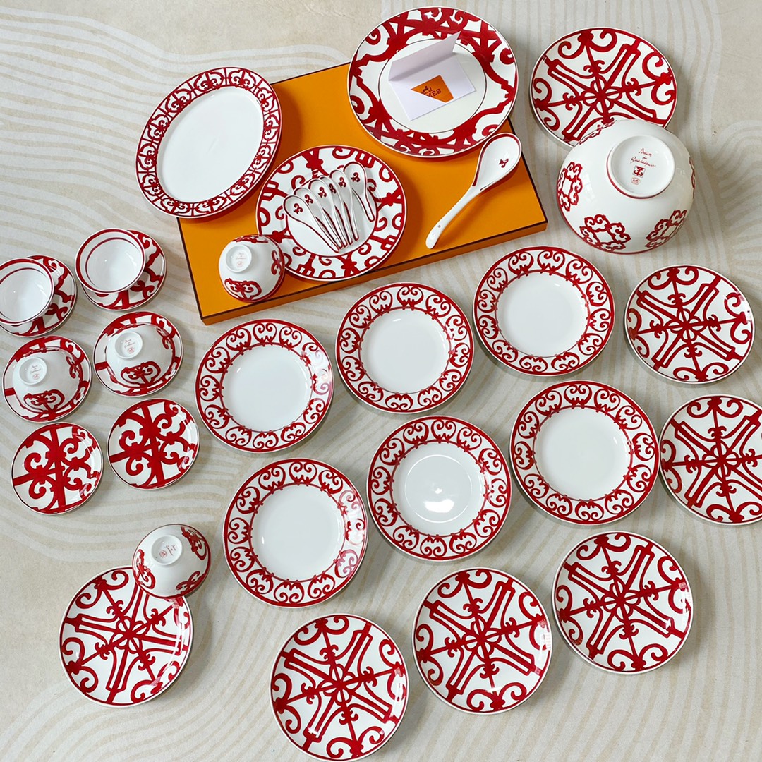NIGO Hermes China Red Series Ceramic Dinner Plate, Bowl, Spoon, Teacup, 6-Person Set Accessories #nigo77263